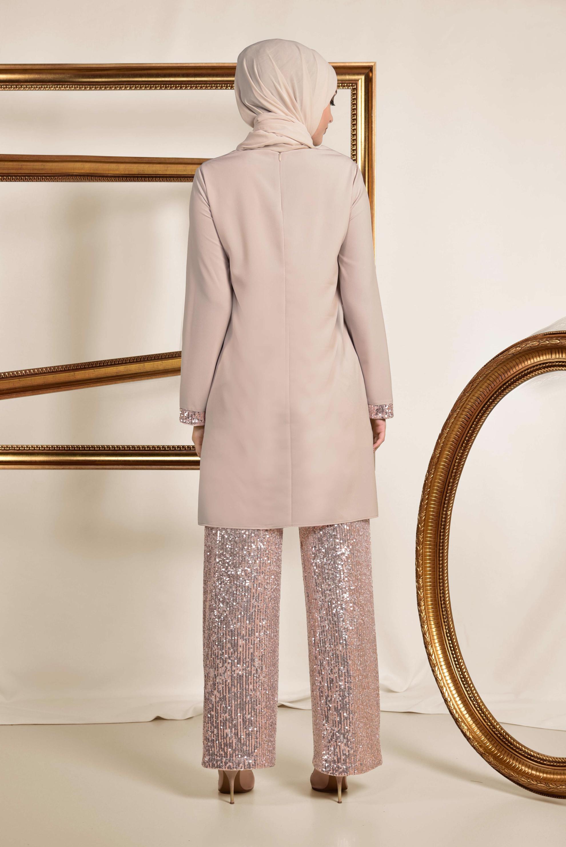 Tesettür giyim PUDRA PUL PAYETLİ PANTOLONLU TAKIM 3535