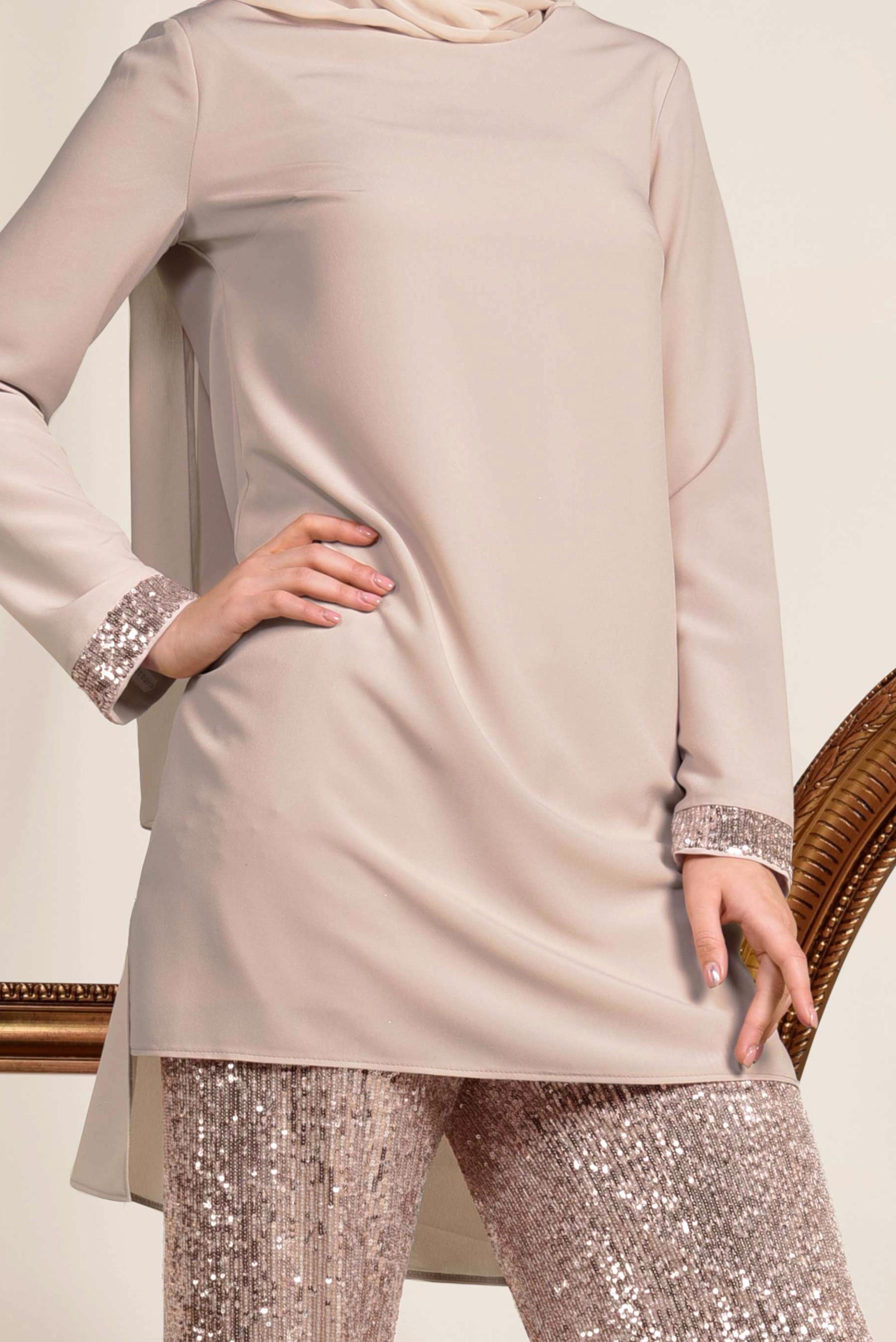 Tesettür giyim PUDRA PUL PAYETLİ PANTOLONLU TAKIM 3535