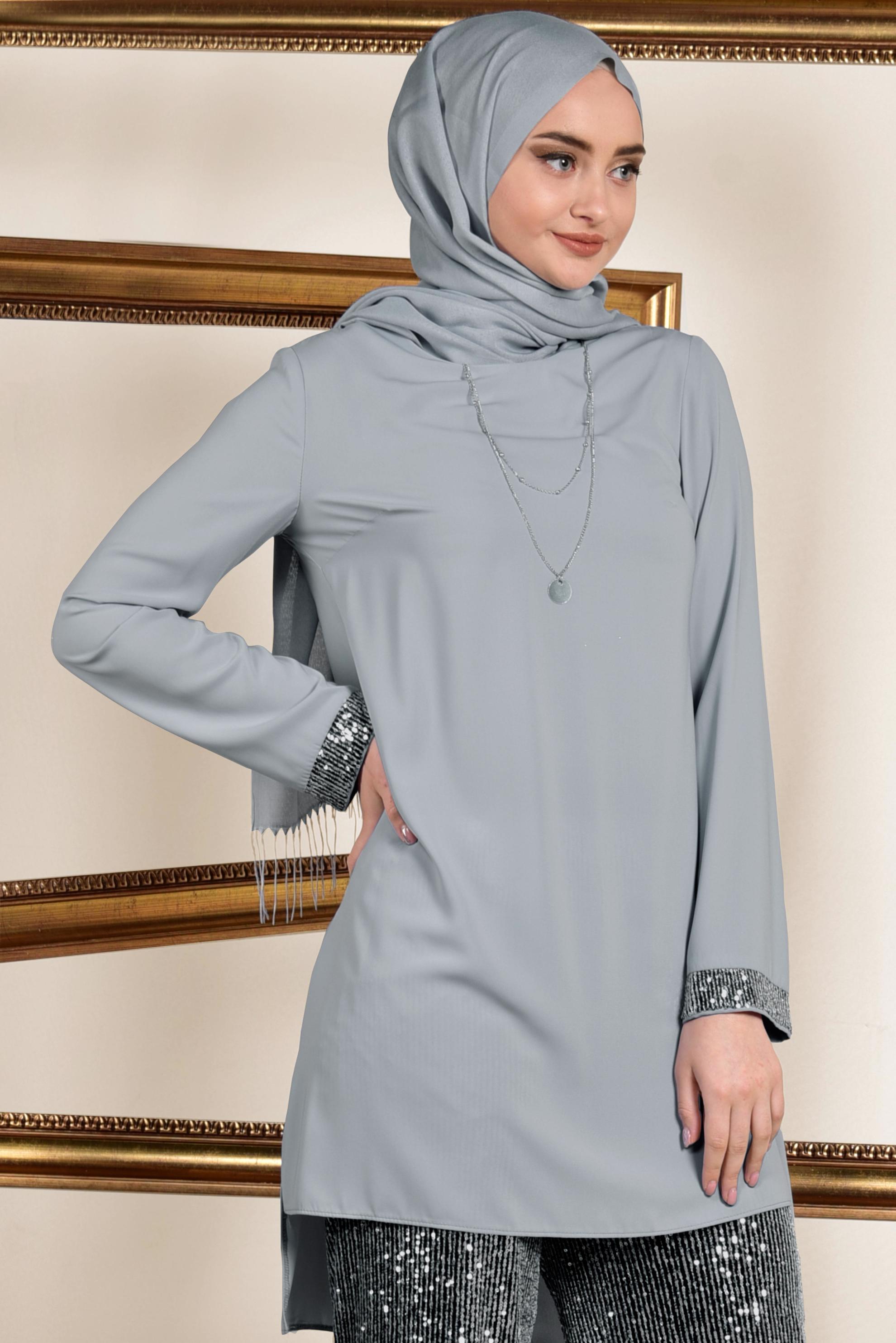 Tesettür giyim SİYAH PUL PAYETLİ PANTOLONLU TAKIM 3535