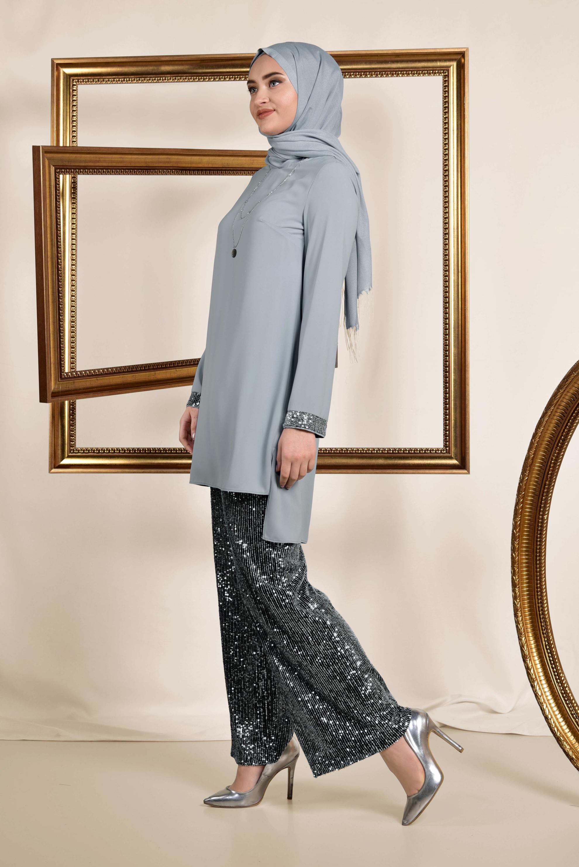 Tesettür giyim SİYAH PUL PAYETLİ PANTOLONLU TAKIM 3535