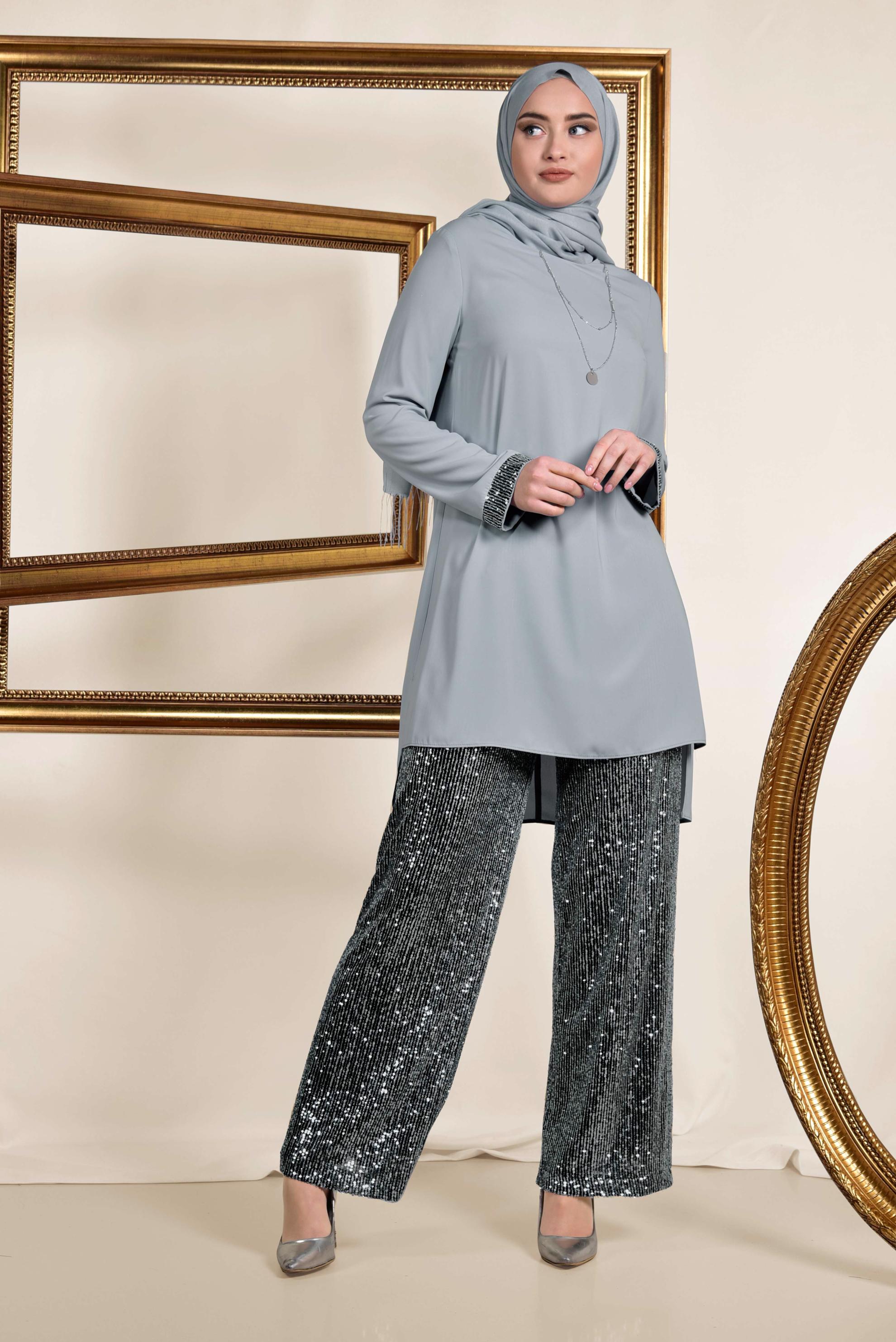 Tesettür giyim SİYAH PUL PAYETLİ PANTOLONLU TAKIM 3535