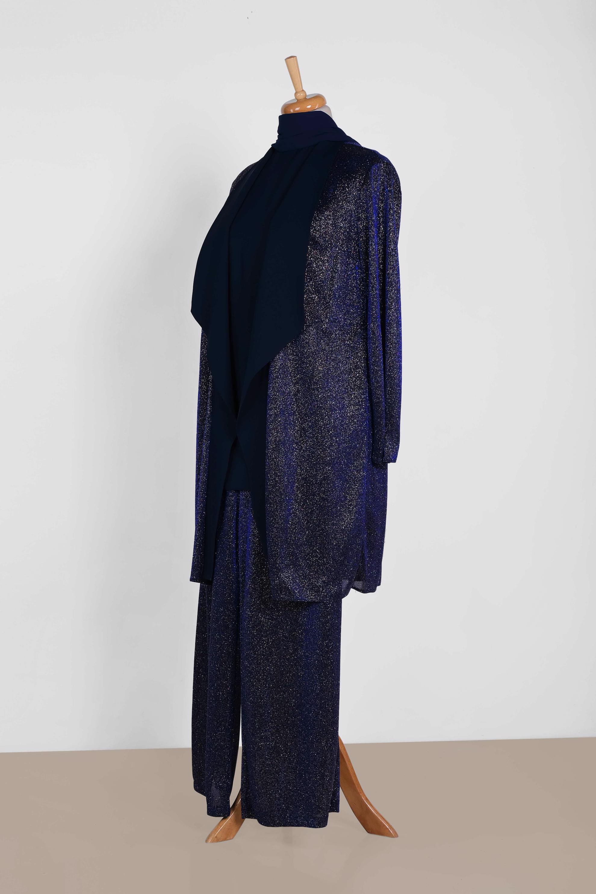 Tesettür giyim MAVİ  SİMLİ KUMAŞ ÜÇLÜ PANTOLONLU TAKIM 3559