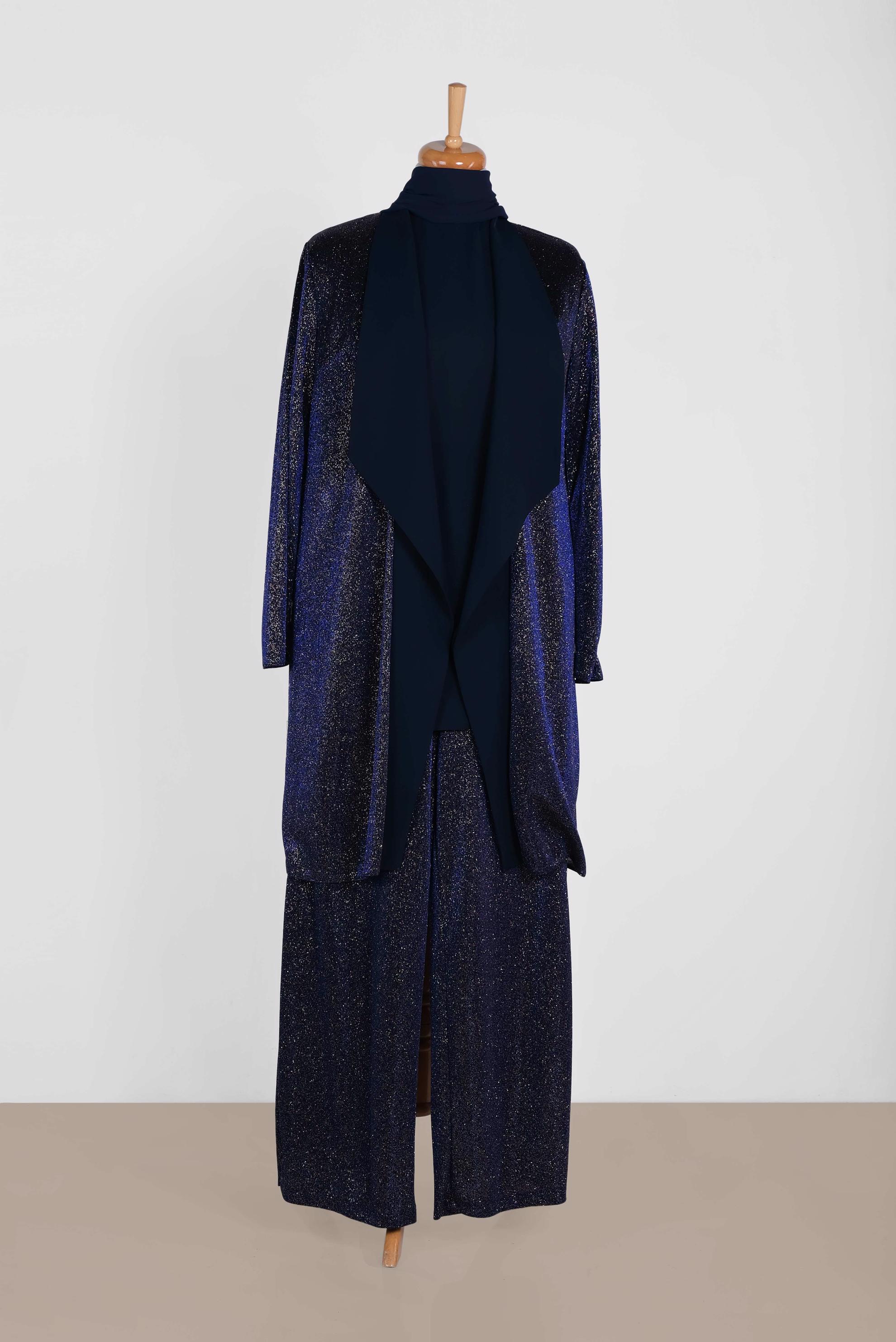 Tesettür giyim MAVİ  SİMLİ KUMAŞ ÜÇLÜ PANTOLONLU TAKIM 3559