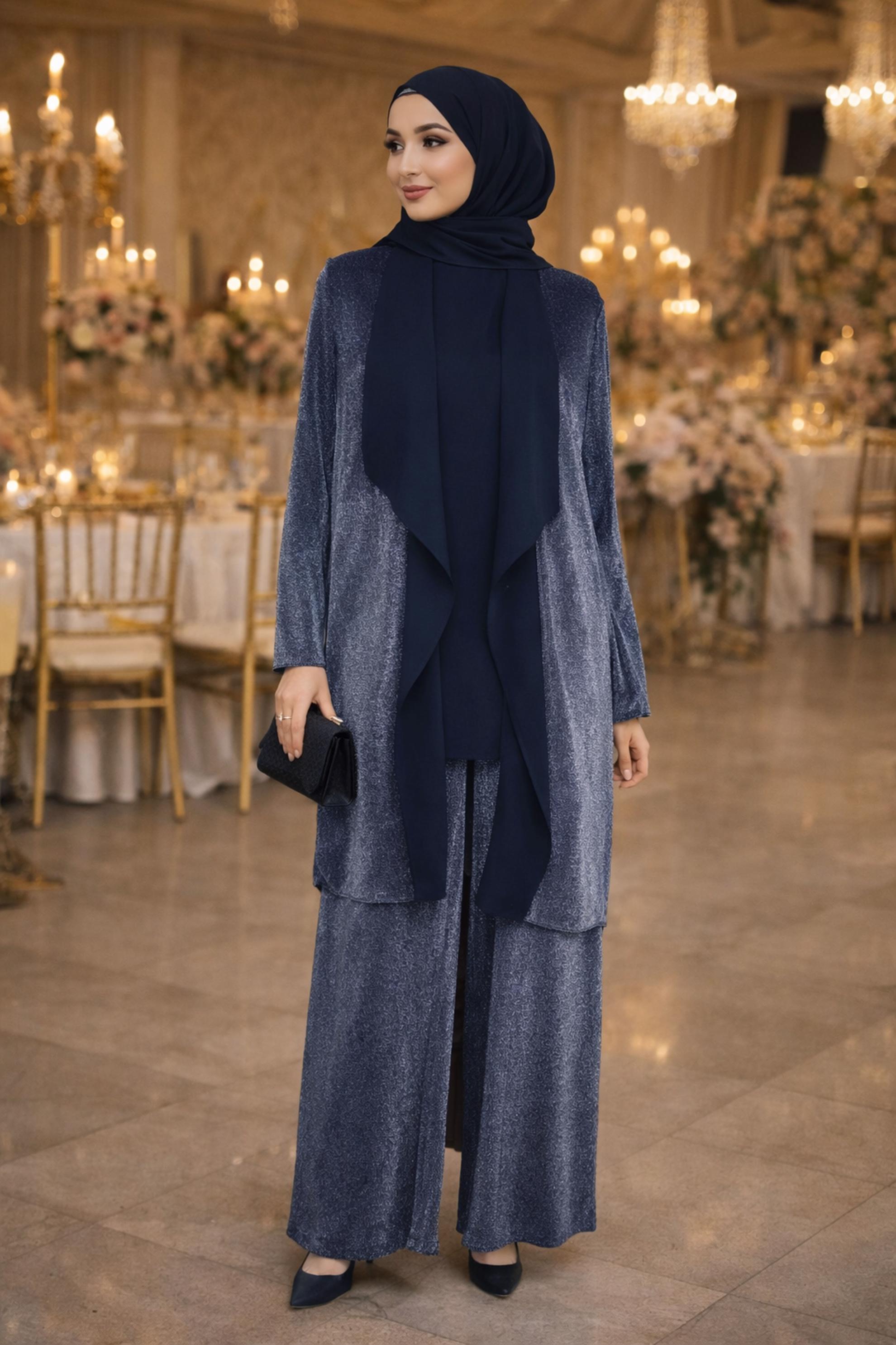 Tesettür giyim LACİVERT  SİMLİ KUMAŞ ÜÇLÜ PANTOLONLU TAKIM 3559
