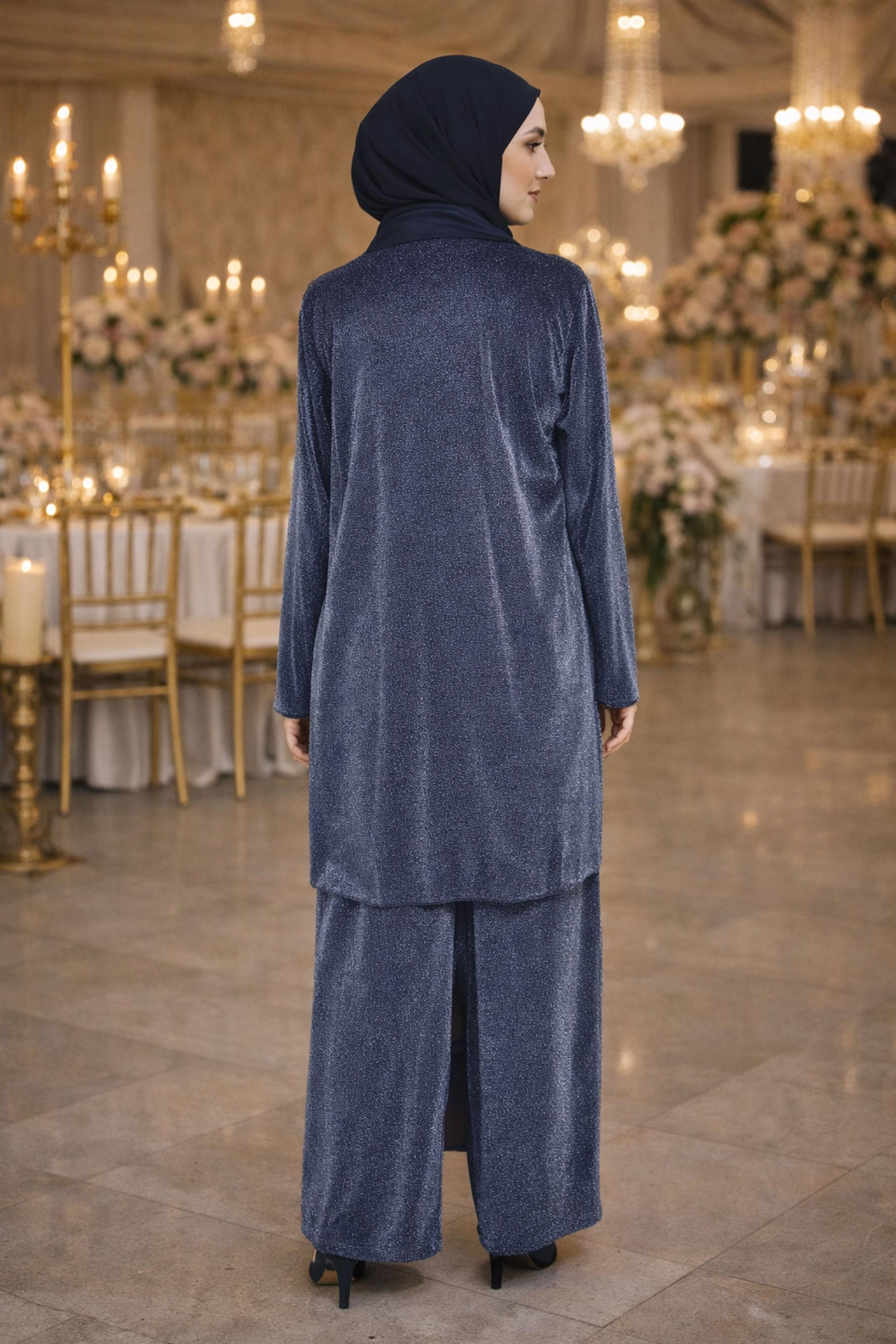 Tesettür giyim LACİVERT  SİMLİ KUMAŞ ÜÇLÜ PANTOLONLU TAKIM 3559