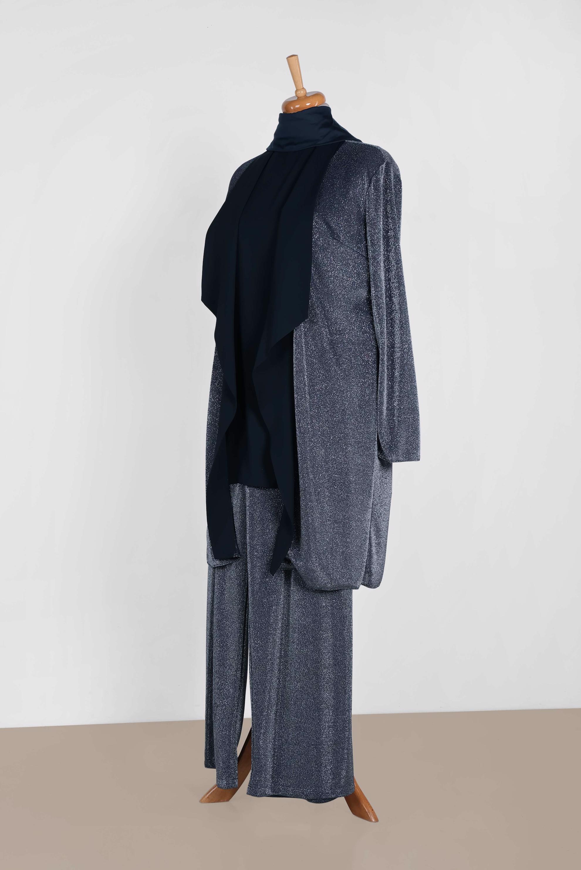 Tesettür giyim LACİVERT  SİMLİ KUMAŞ ÜÇLÜ PANTOLONLU TAKIM 3559