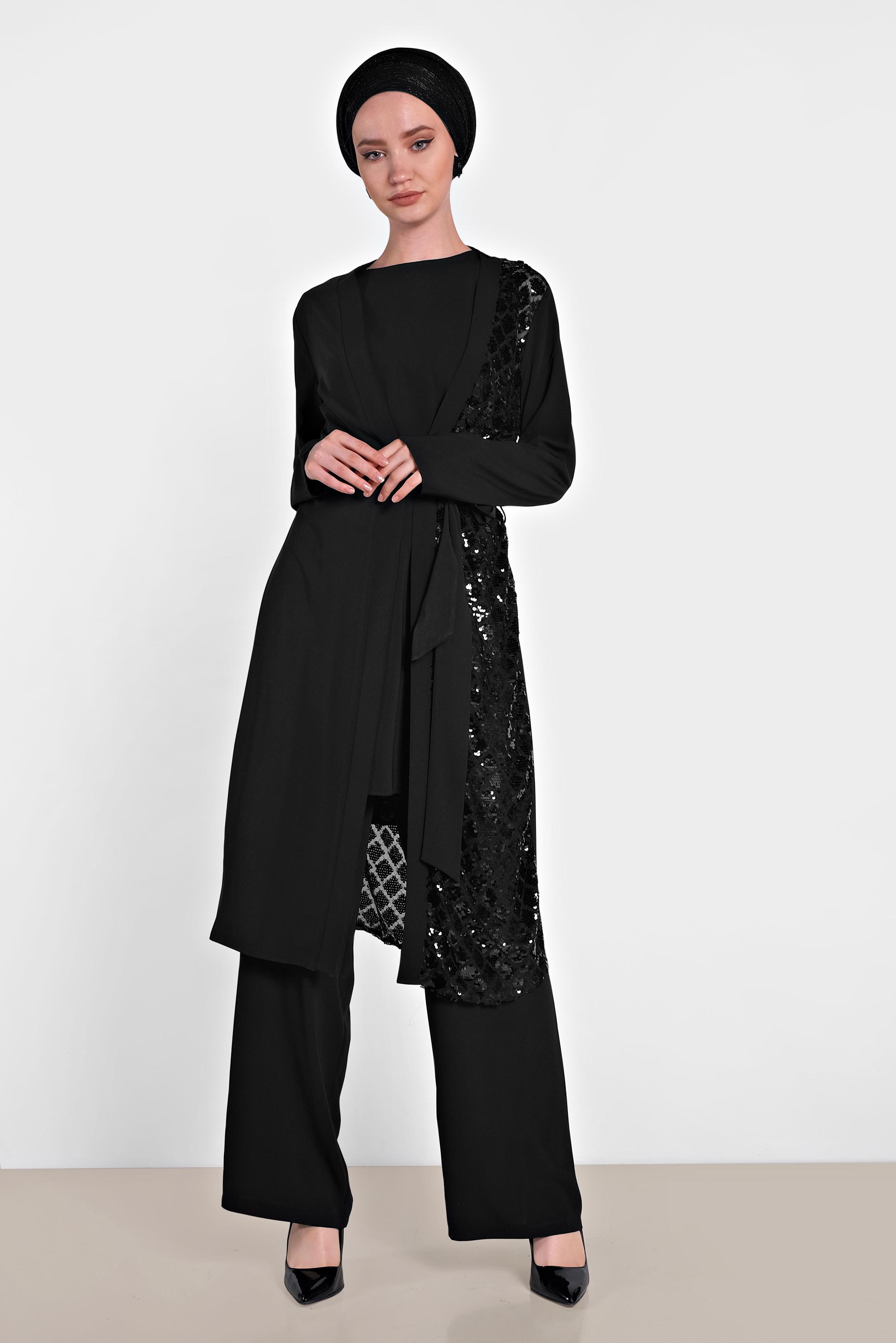 Tesettür giyim SİYAH PUL PAYET ÜÇLÜ PANTOLONLU TAKIM 3568 