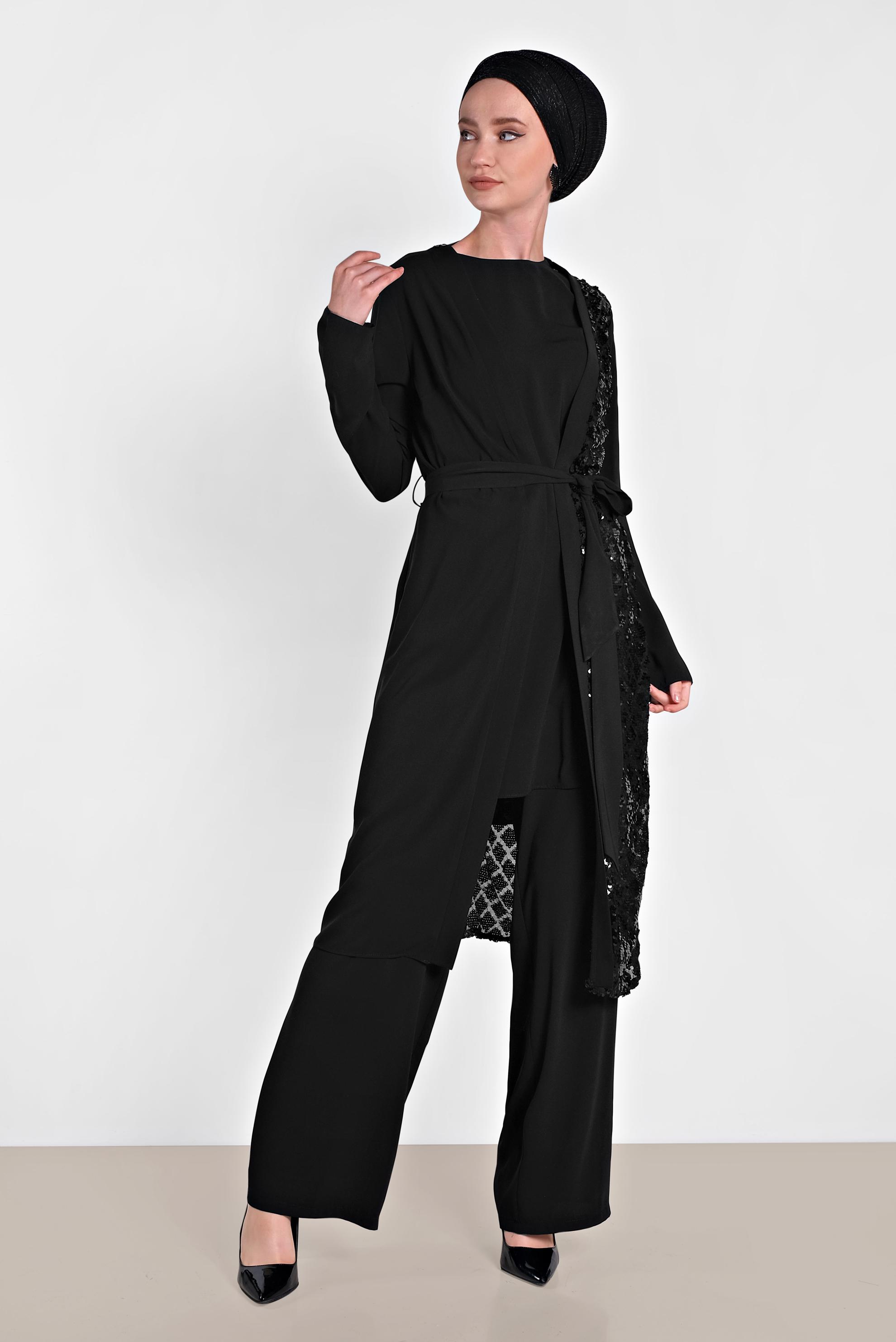 Tesettür giyim SİYAH PUL PAYET ÜÇLÜ PANTOLONLU TAKIM 3568 