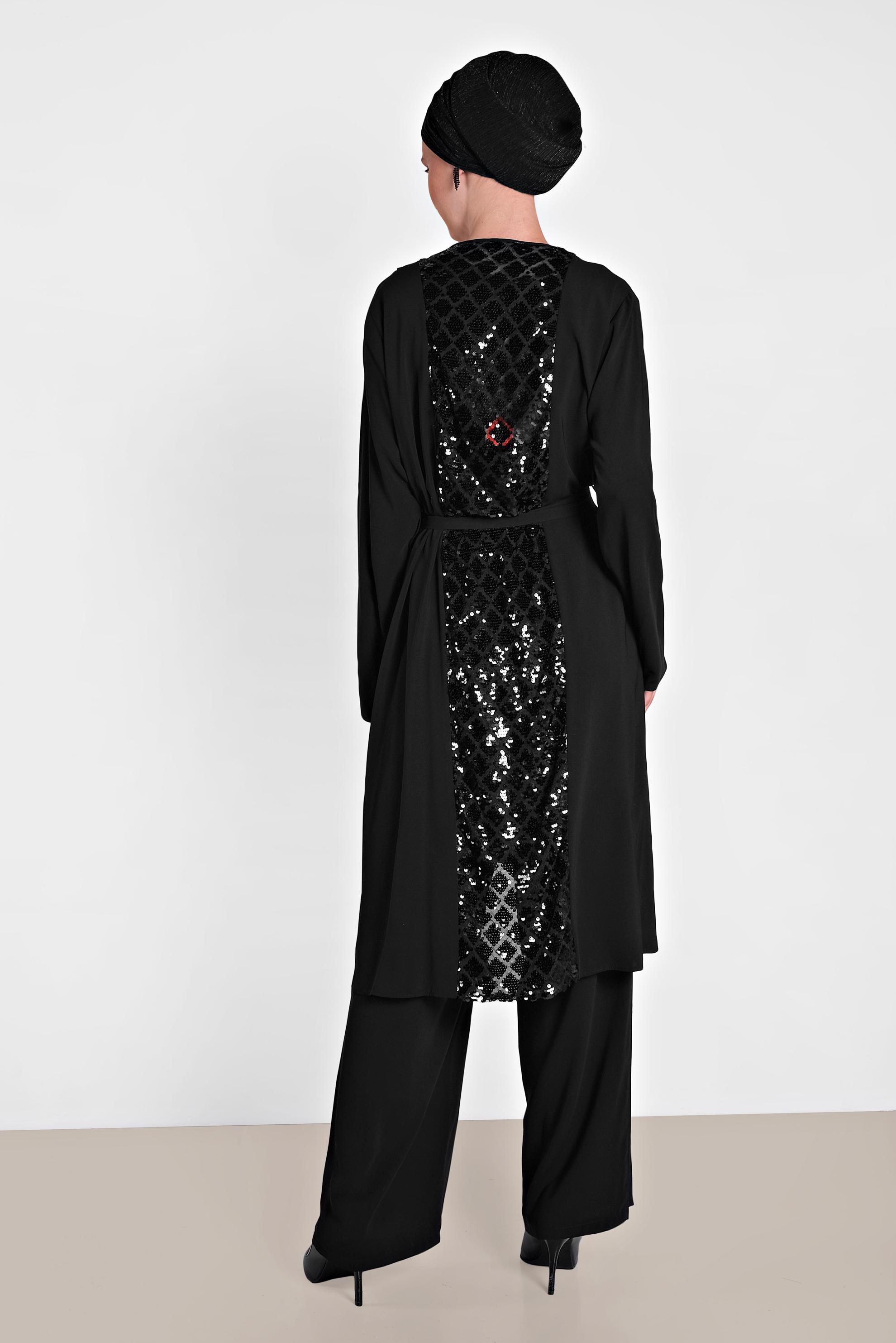 Tesettür giyim SİYAH PUL PAYET ÜÇLÜ PANTOLONLU TAKIM 3568 