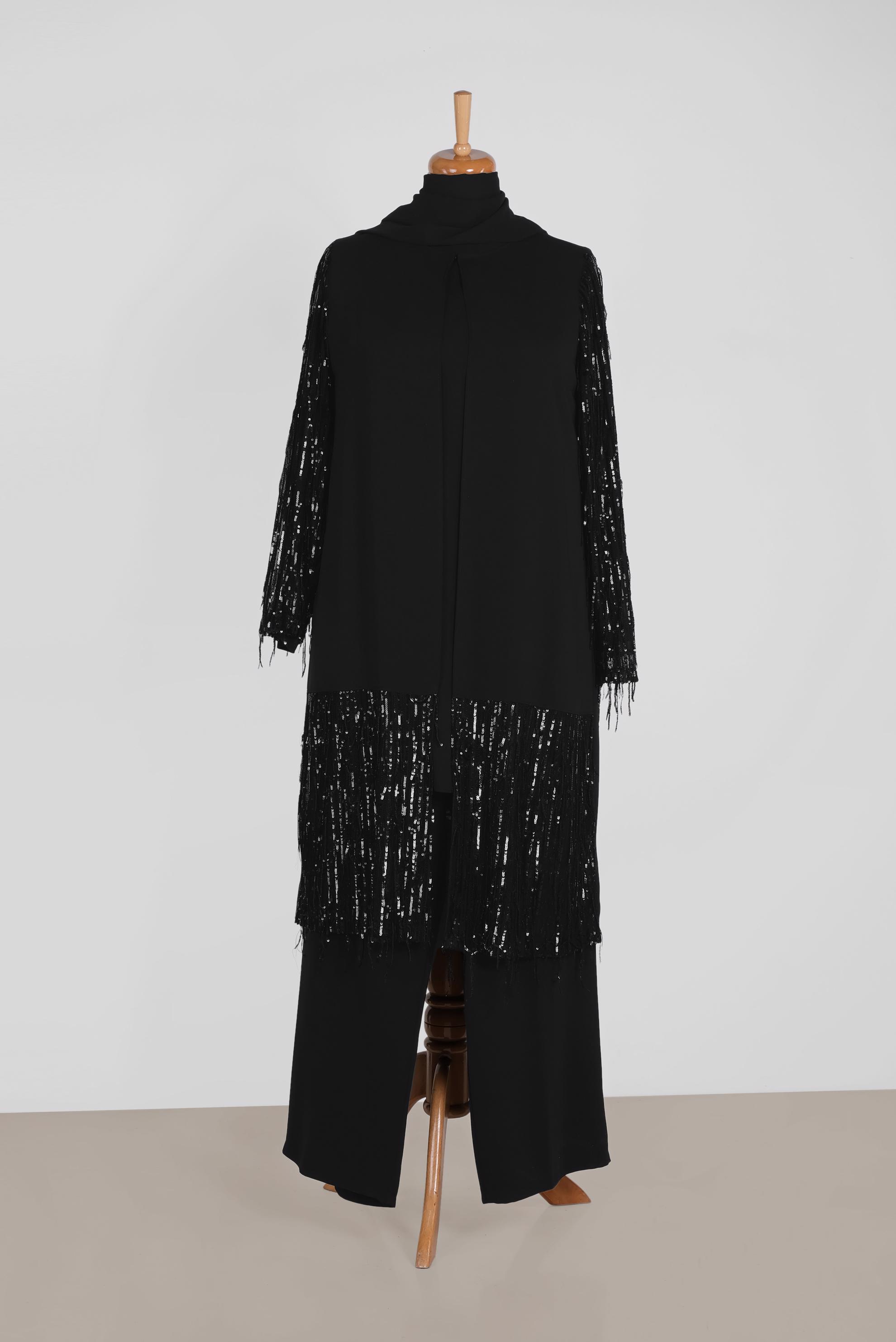 Tesettür giyim SİYAH CEKETİNDE PUL PAYET DETAYLI ÜÇLÜ PANT.TAKIM 3571