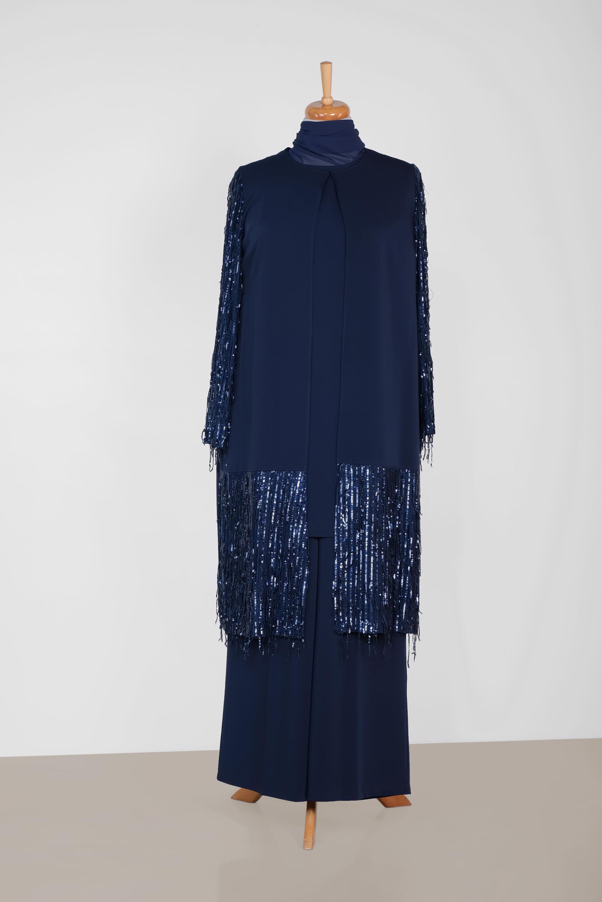 Tesettür giyim LACİVERT CEKETİNDE PUL PAYET DETAYLI ÜÇLÜ PANT.TAKIM 3571