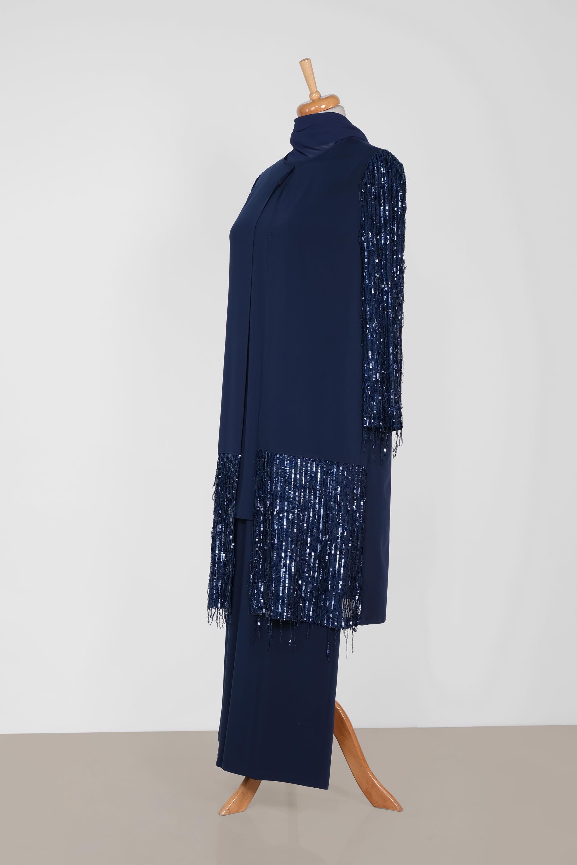 Tesettür giyim LACİVERT CEKETİNDE PUL PAYET DETAYLI ÜÇLÜ PANT.TAKIM 3571