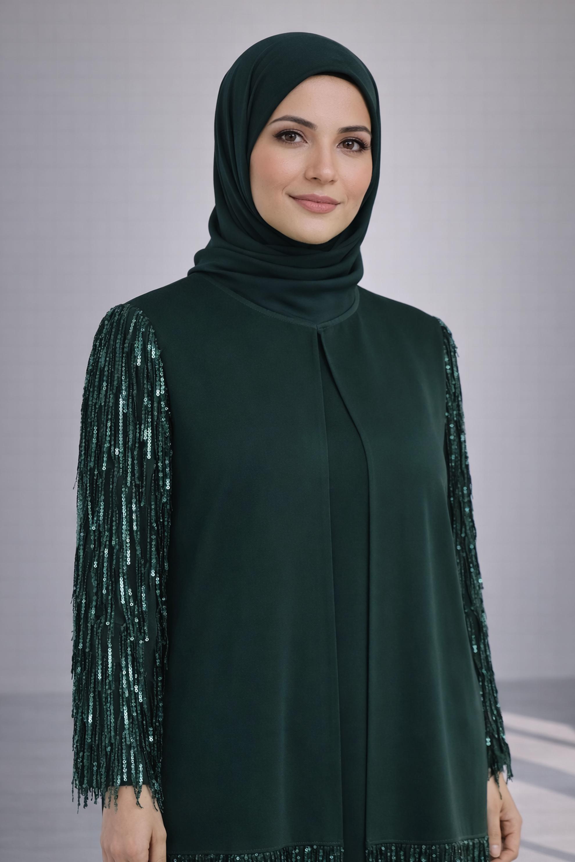 Tesettür giyim YEŞİL PUL PAYET DETAYLI ÜÇLÜ PANTOLONLU TAKIM 3571