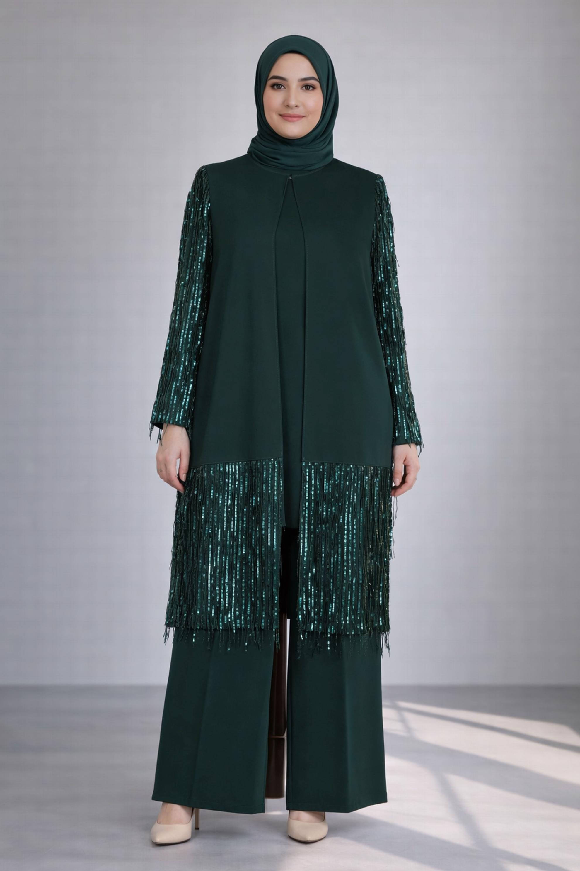 Tesettür giyim YEŞİL PUL PAYET DETAYLI ÜÇLÜ PANTOLONLU TAKIM 3571