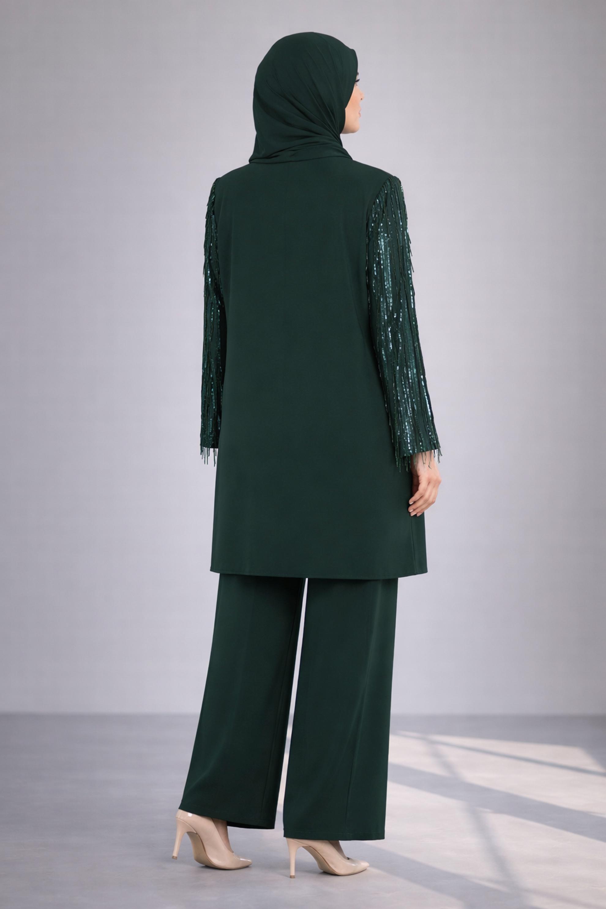 Tesettür giyim YEŞİL PUL PAYET DETAYLI ÜÇLÜ PANTOLONLU TAKIM 3571