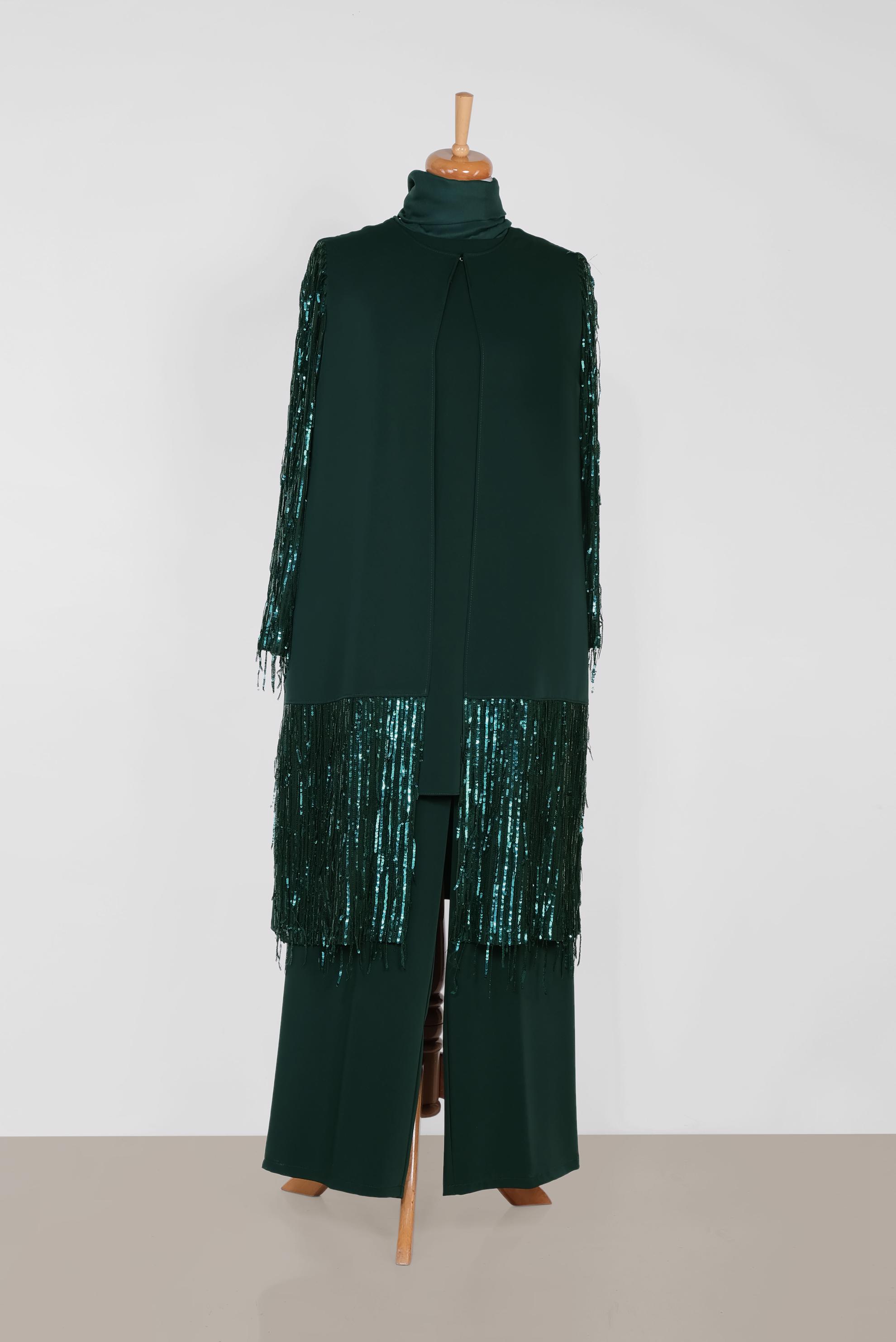 Tesettür giyim YEŞİL CEKETİNDE PUL PAYET DETAYLI ÜÇLÜ PANT.TAKIM 3571