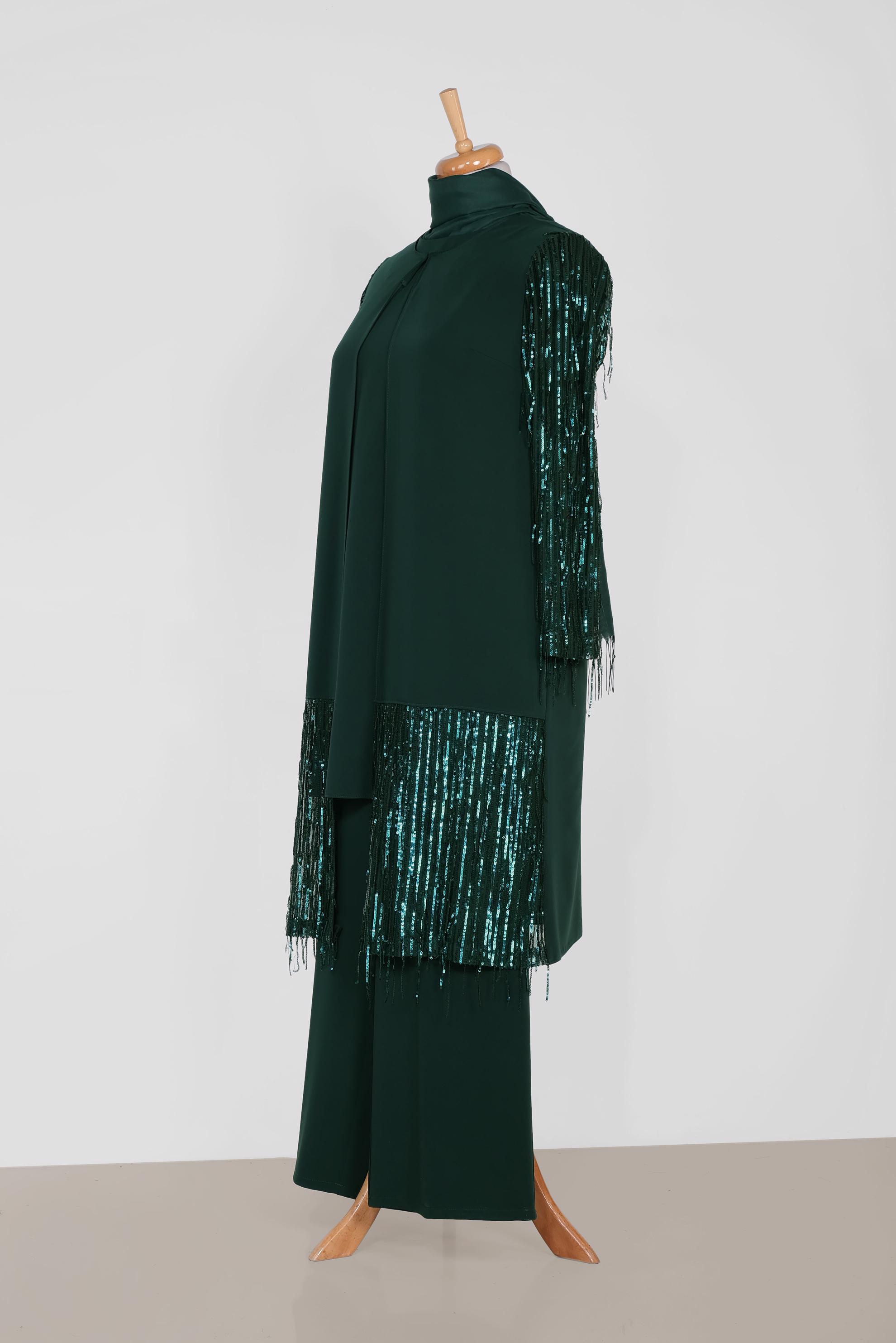 Tesettür giyim YEŞİL CEKETİNDE PUL PAYET DETAYLI ÜÇLÜ PANT.TAKIM 3571