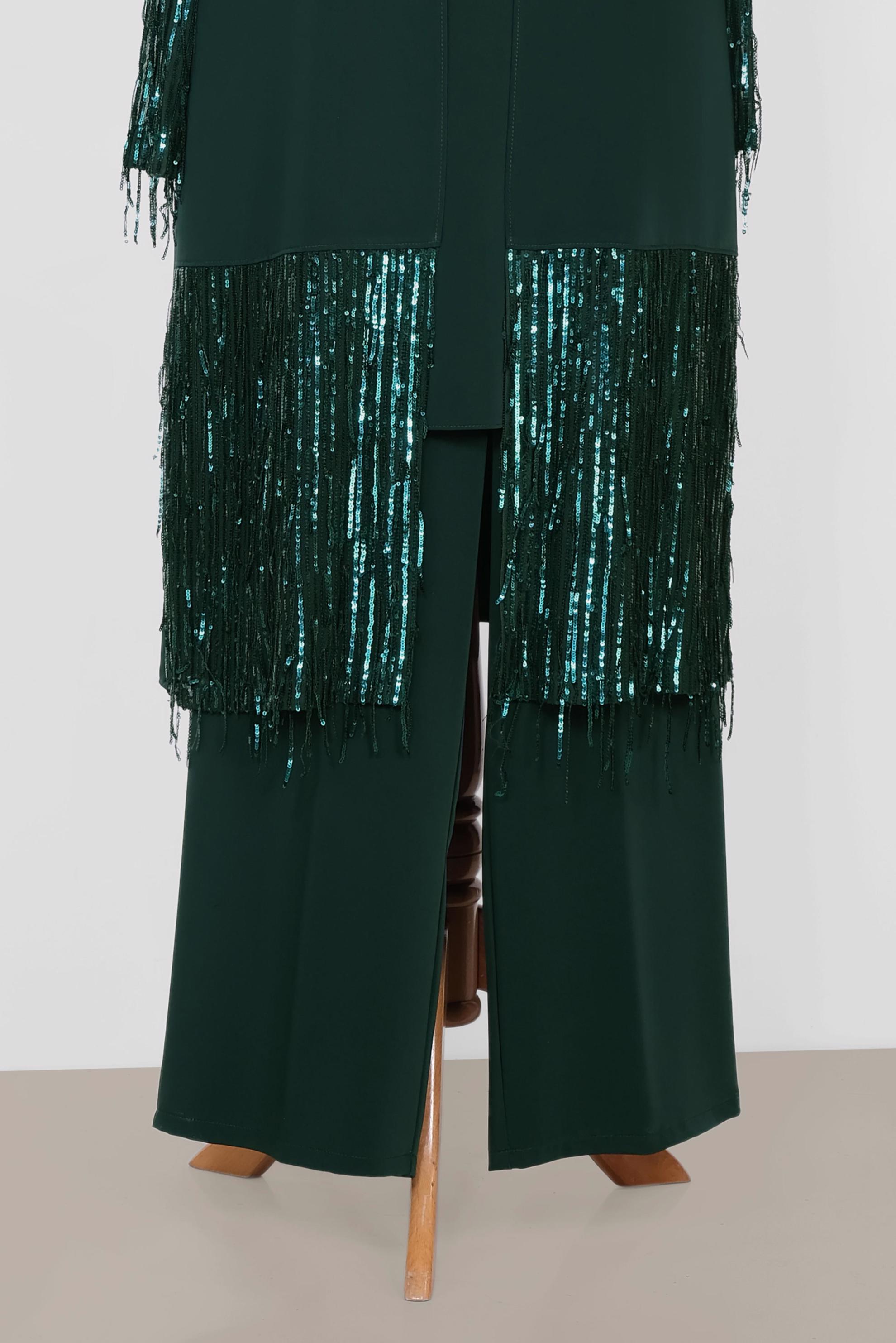 Tesettür giyim YEŞİL CEKETİNDE PUL PAYET DETAYLI ÜÇLÜ PANT.TAKIM 3571