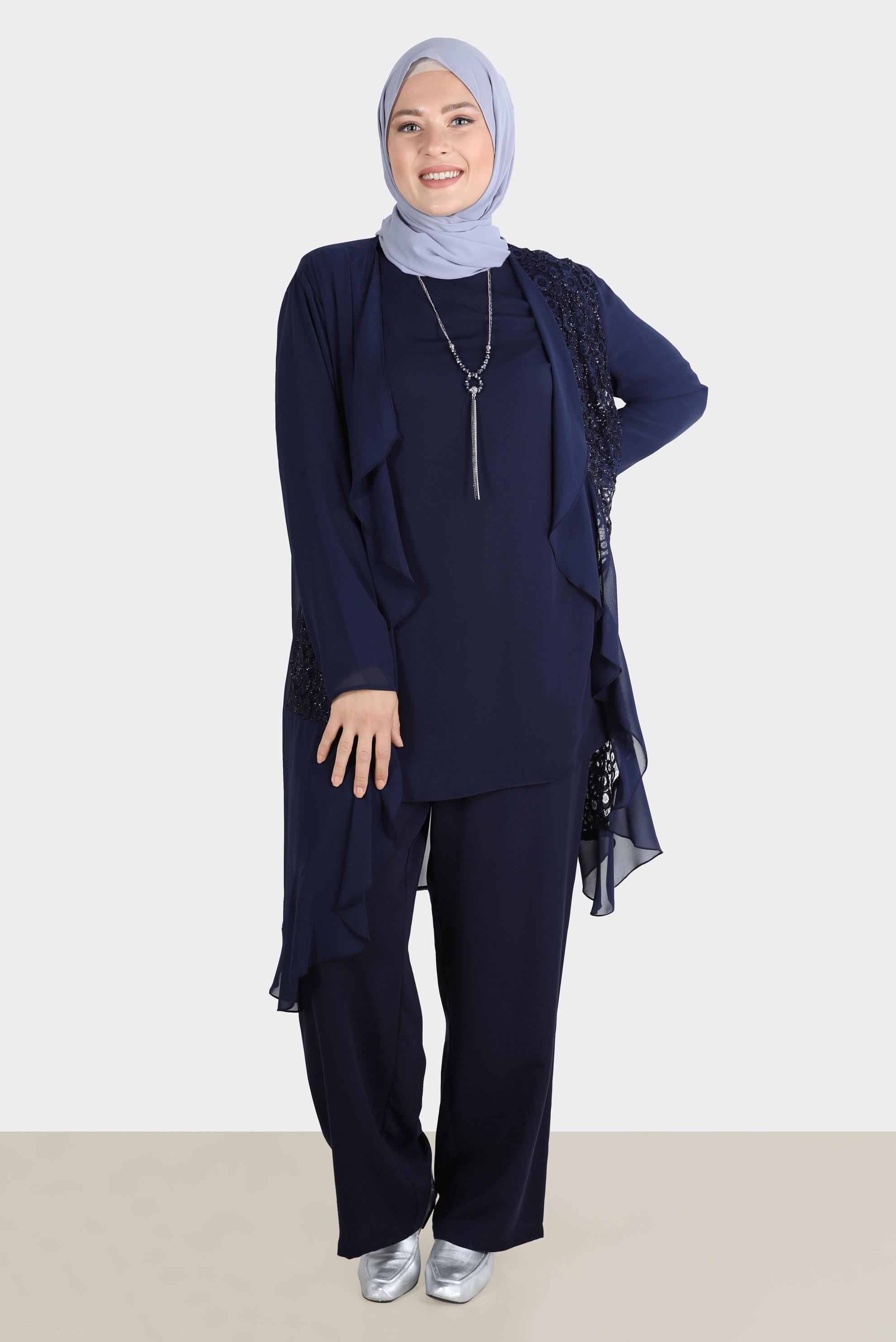 Tesettür giyim LACİVERT GÜPÜRLÜ VOLANLI ÜÇLÜ PANT. TAKIM 3572
