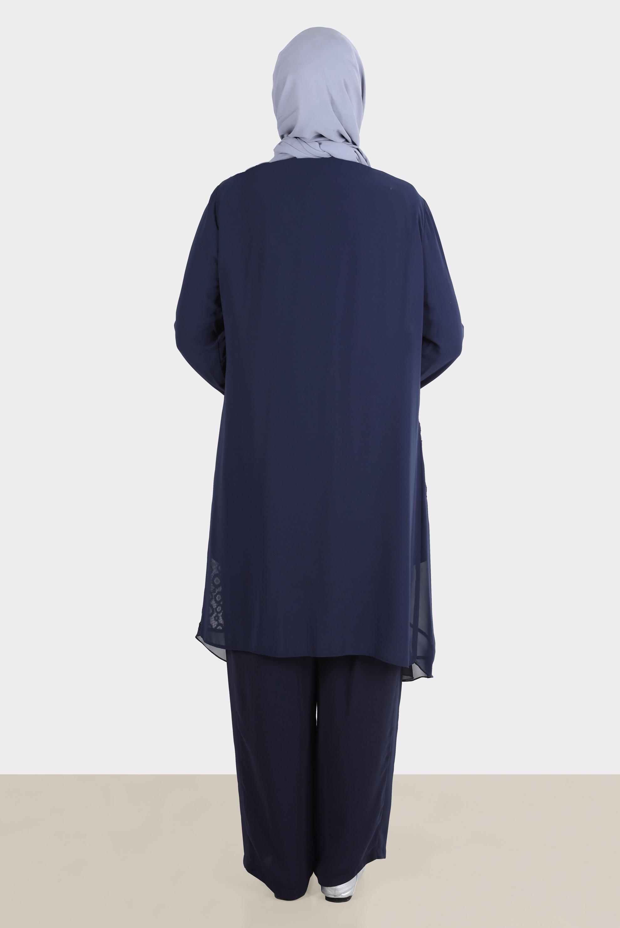 Tesettür giyim LACİVERT GÜPÜRLÜ VOLANLI ÜÇLÜ PANT. TAKIM 3572