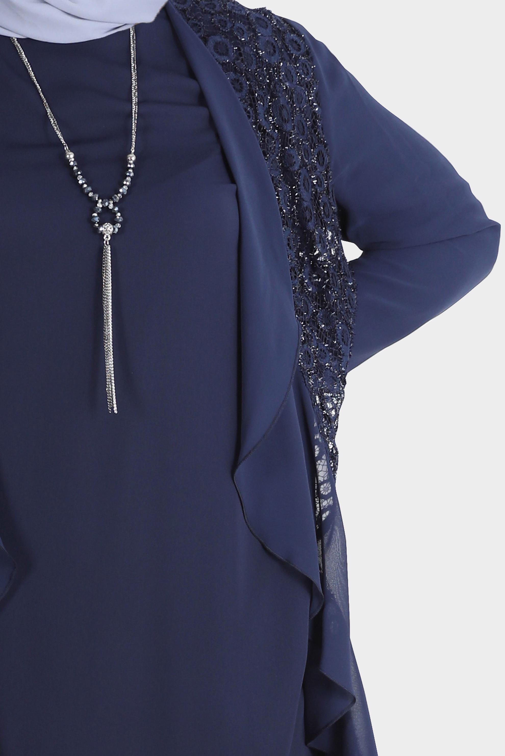 Tesettür giyim LACİVERT GÜPÜRLÜ VOLANLI ÜÇLÜ PANT. TAKIM 3572