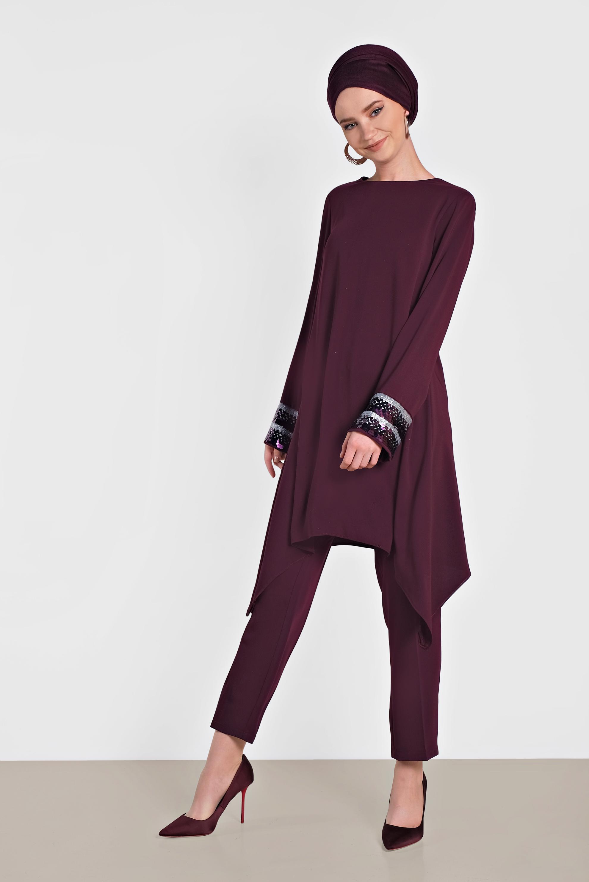 Tesettür giyim BORDO KOLLARI PULLU ASİMETRİK KESİM İKİLİ PANTOLONLU TAKIM 3574 