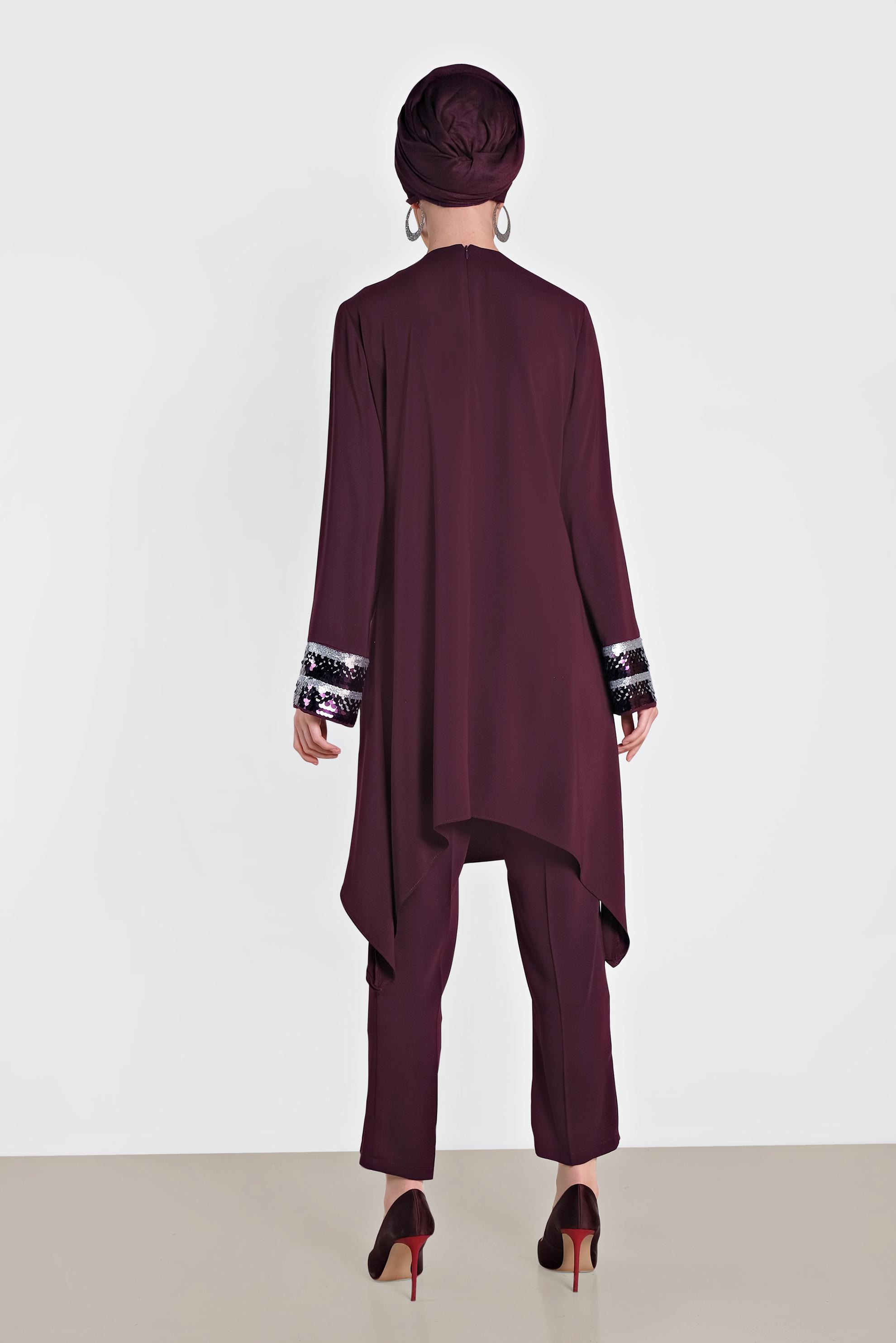 Tesettür giyim BORDO KOLLARI PULLU ASİMETRİK KESİM İKİLİ PANTOLONLU TAKIM 3574 