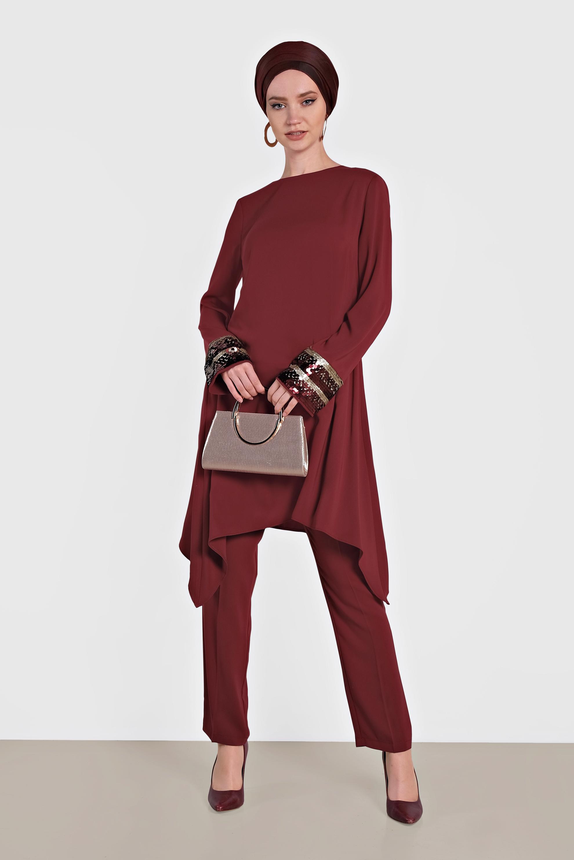 Tesettür giyim BORDO KOLLARI PULLU ASİMETRİK KESİM İKİLİ PANTOLONLU TAKIM 3574 