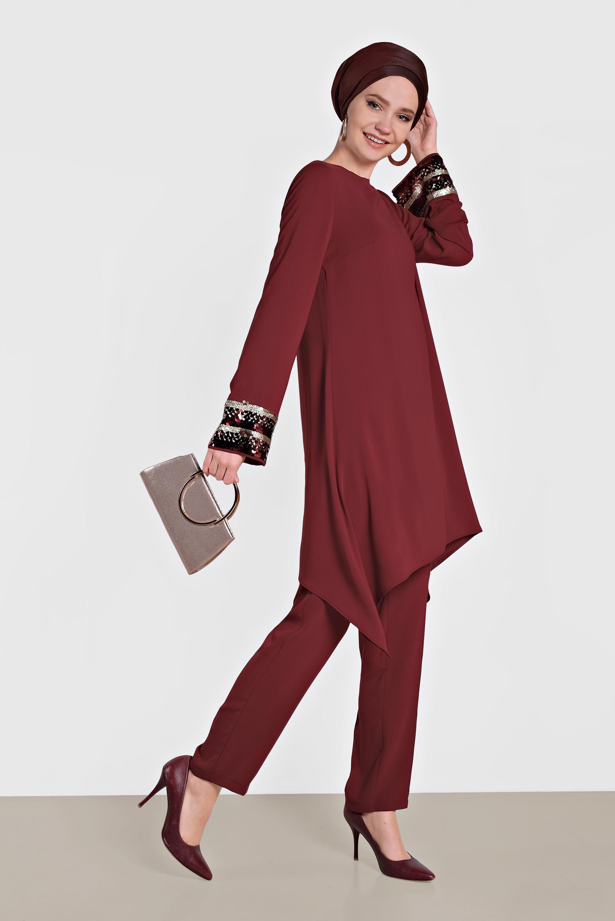 Tesettür giyim BORDO KOLLARI PULLU ASİMETRİK KESİM İKİLİ PANTOLONLU TAKIM 3574 