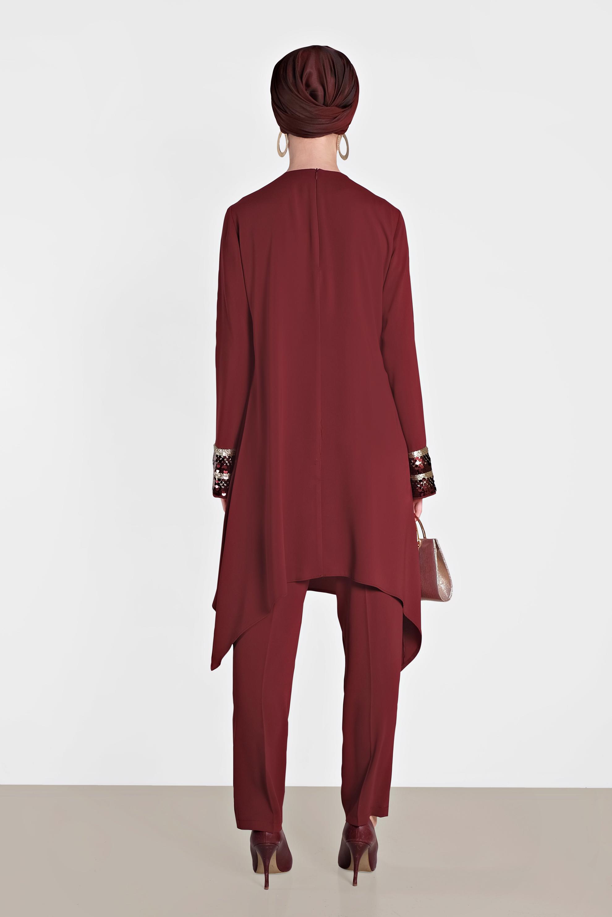 Tesettür giyim BORDO KOLLARI PULLU ASİMETRİK KESİM İKİLİ PANTOLONLU TAKIM 3574 