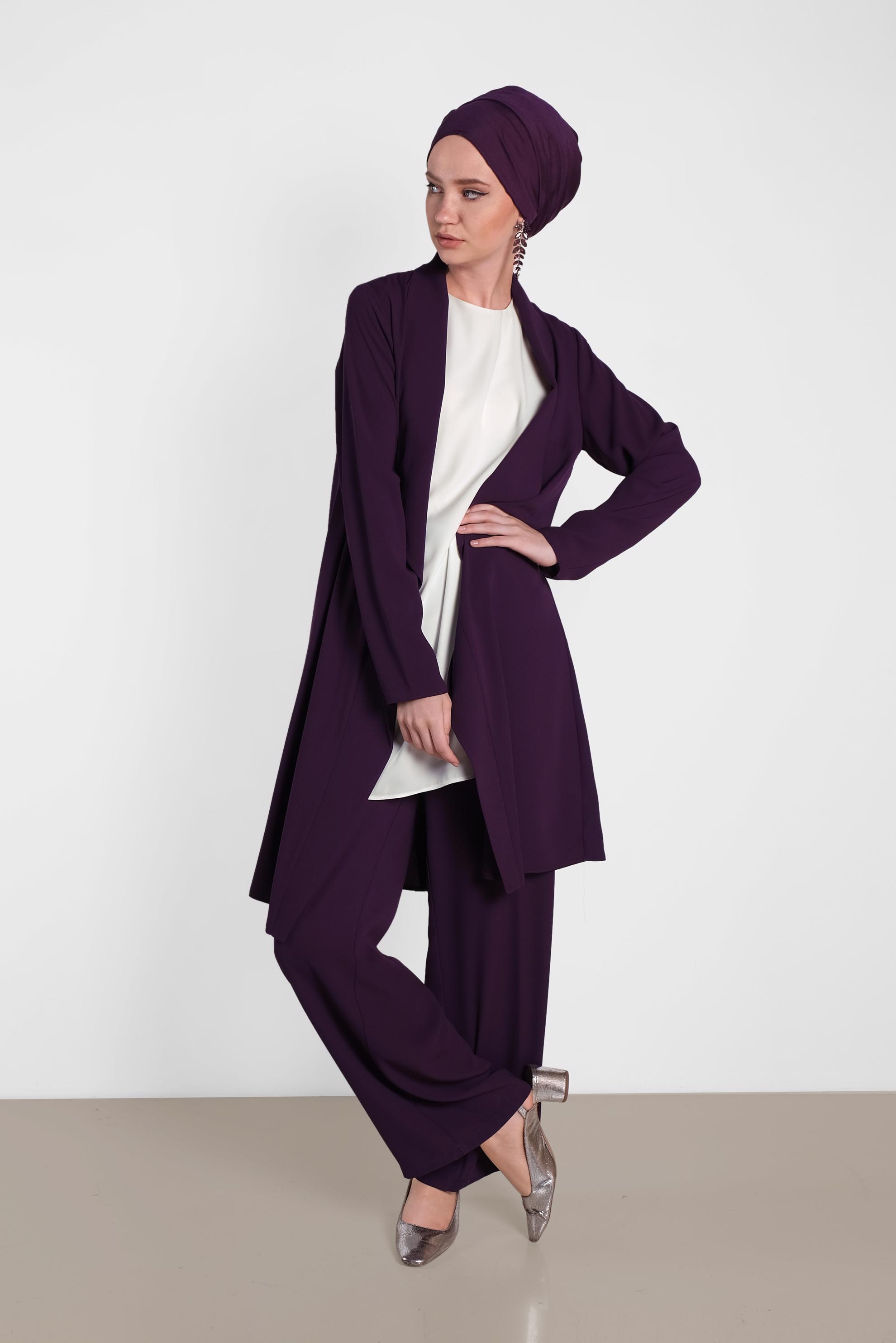 Tesettür giyim MOR PUL PAYET DETAYLI ÜÇLÜ PANTOLONLU TAKIM 3576 