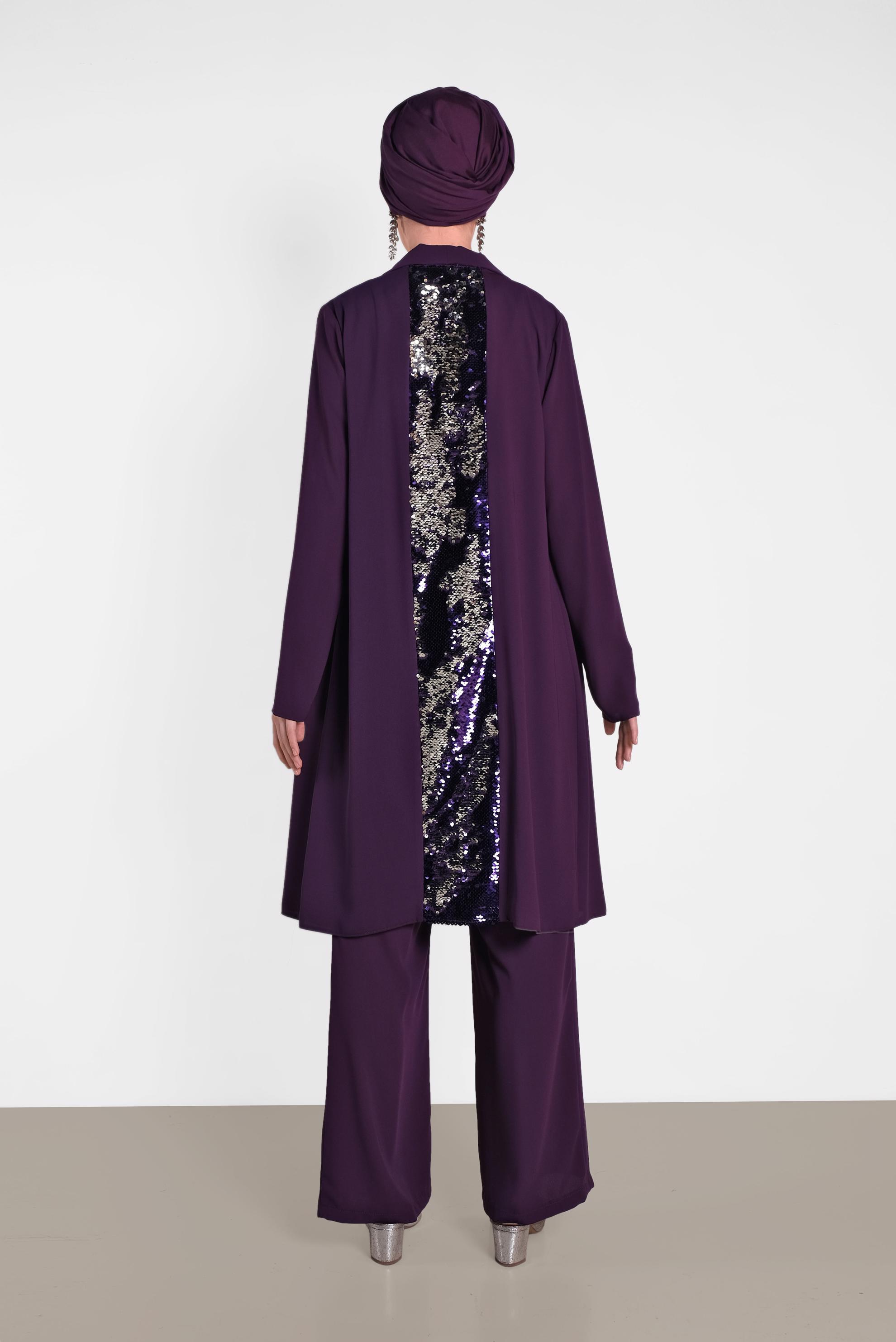 Tesettür giyim MOR PUL PAYET DETAYLI ÜÇLÜ PANTOLONLU TAKIM 3576 