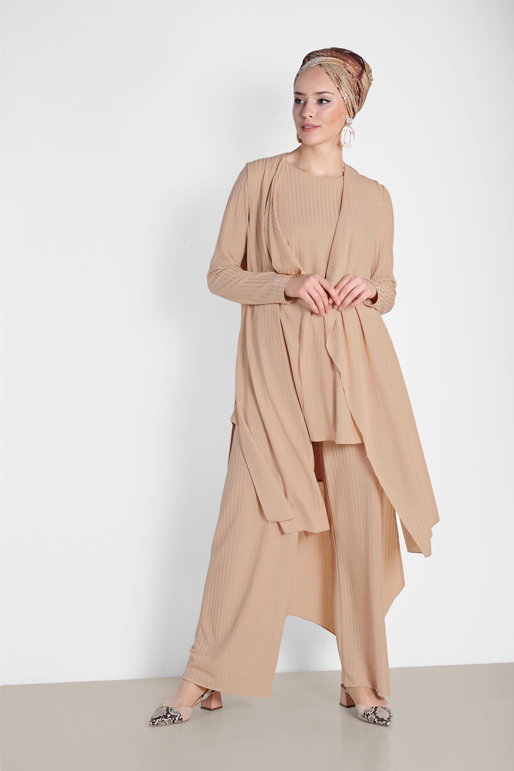 Tesettür giyim BEJ SALAŞ ÜÇLÜ PANTOLONLU TAKIM 4047