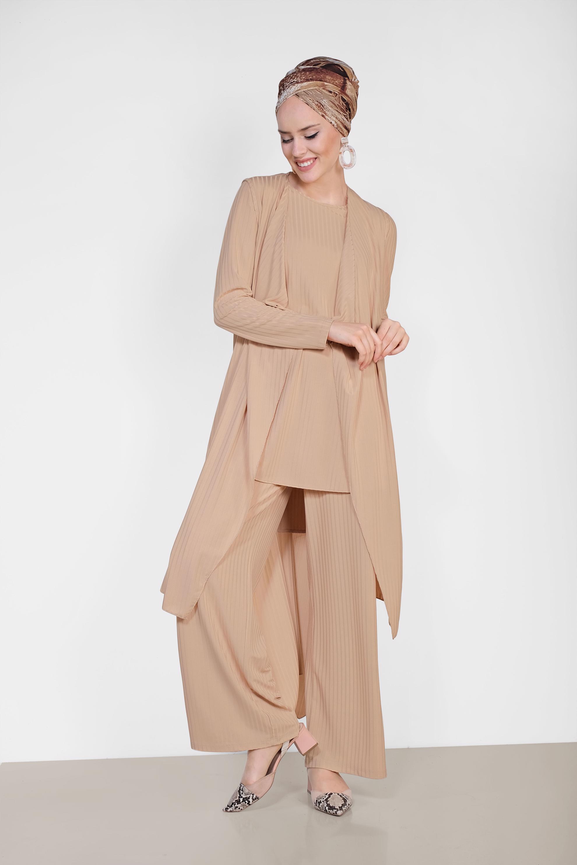 Tesettür giyim BEJ SALAŞ ÜÇLÜ PANTOLONLU TAKIM 4047