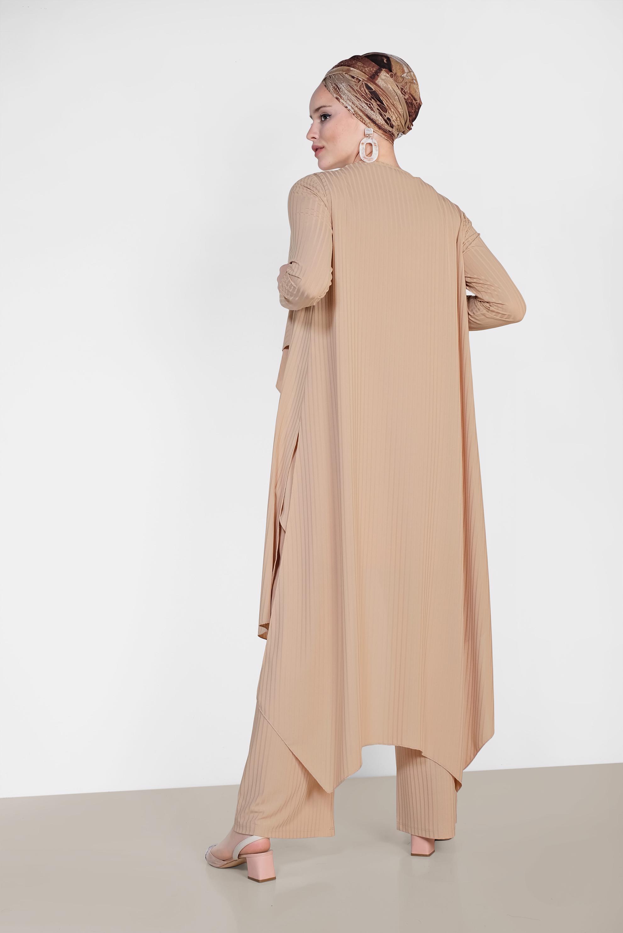 Tesettür giyim BEJ SALAŞ ÜÇLÜ PANTOLONLU TAKIM 4047