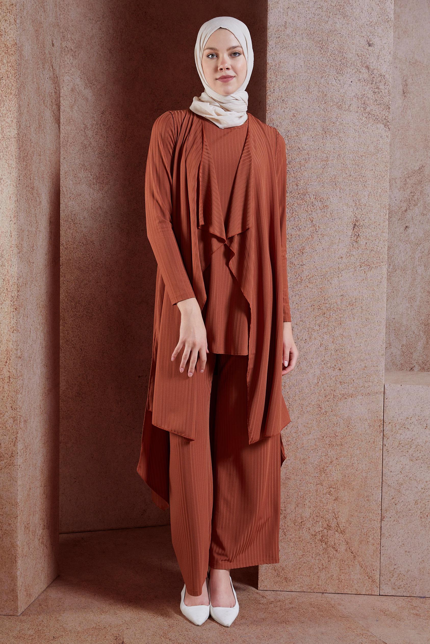 Tesettür giyim TURUNCU SALAŞ ÜÇLÜ PANTOLONLU TAKIM 4047