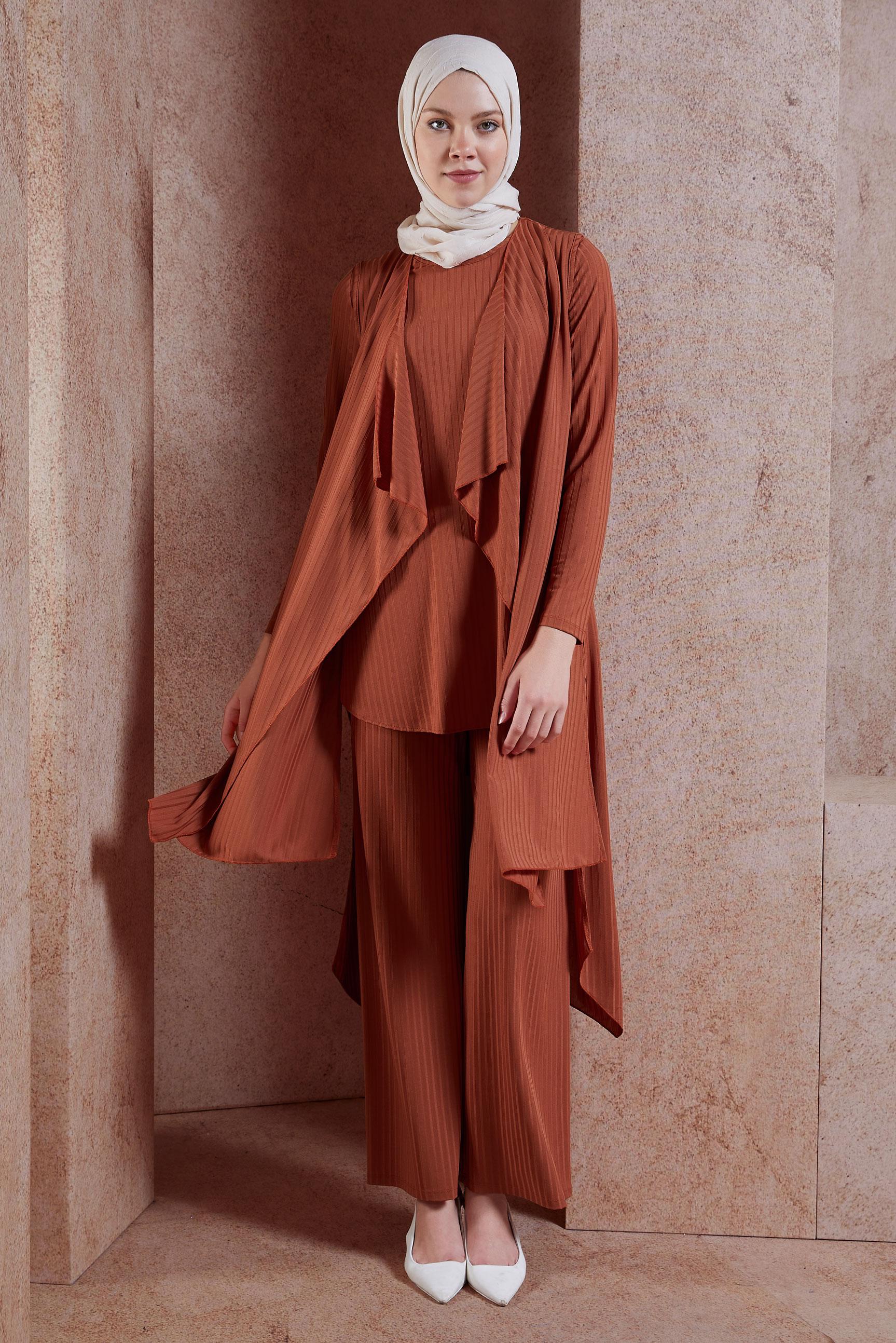 Tesettür giyim TURUNCU SALAŞ ÜÇLÜ PANTOLONLU TAKIM 4047