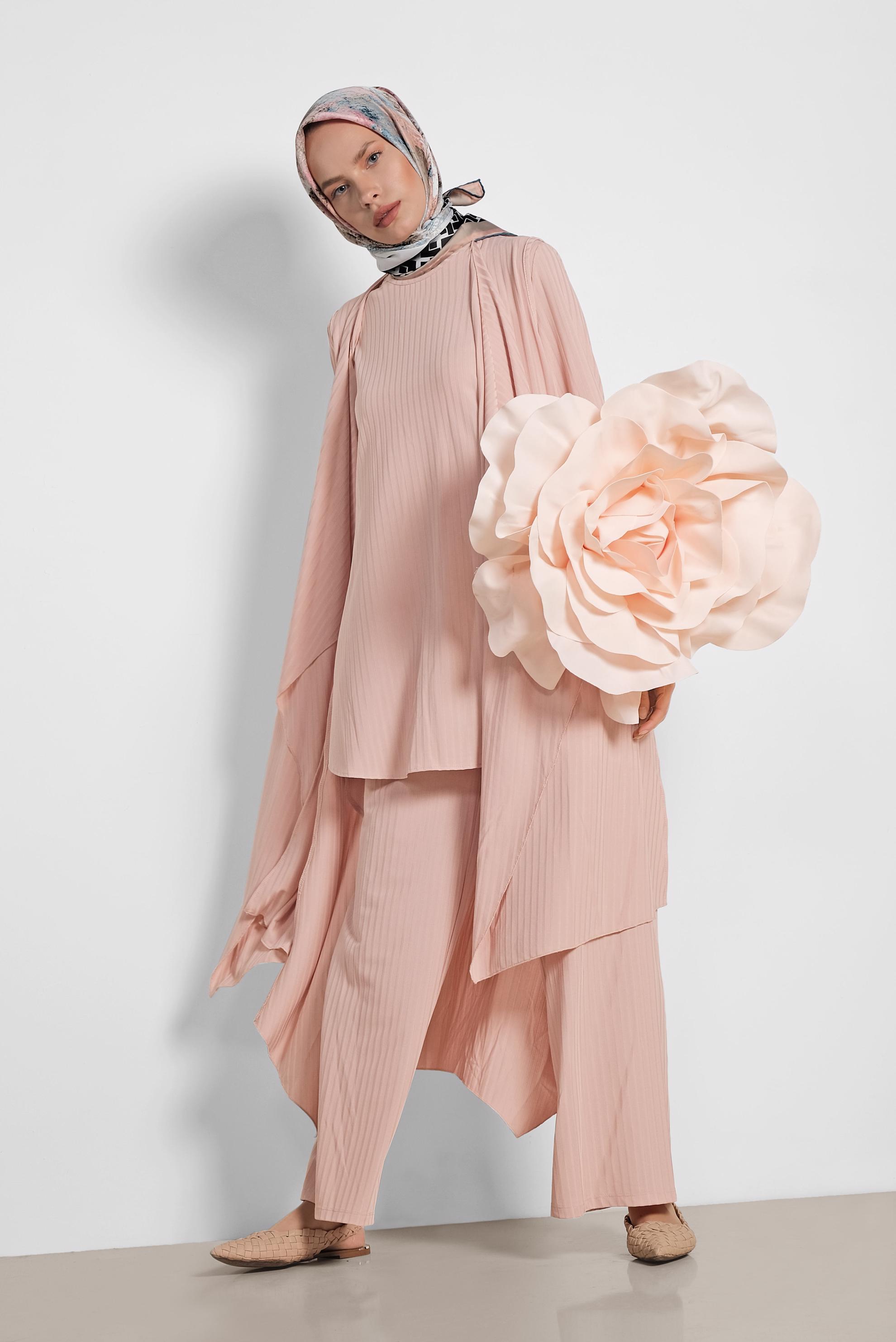 Tesettür giyim PUDRA SALAŞ ÜÇLÜ PANTOLONLU TAKIM 4047