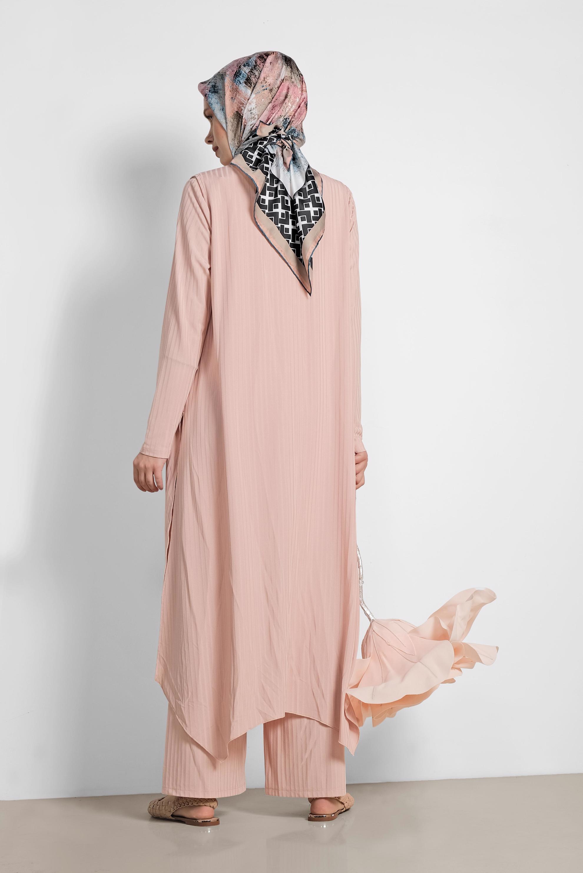 Tesettür giyim PUDRA SALAŞ ÜÇLÜ PANTOLONLU TAKIM 4047