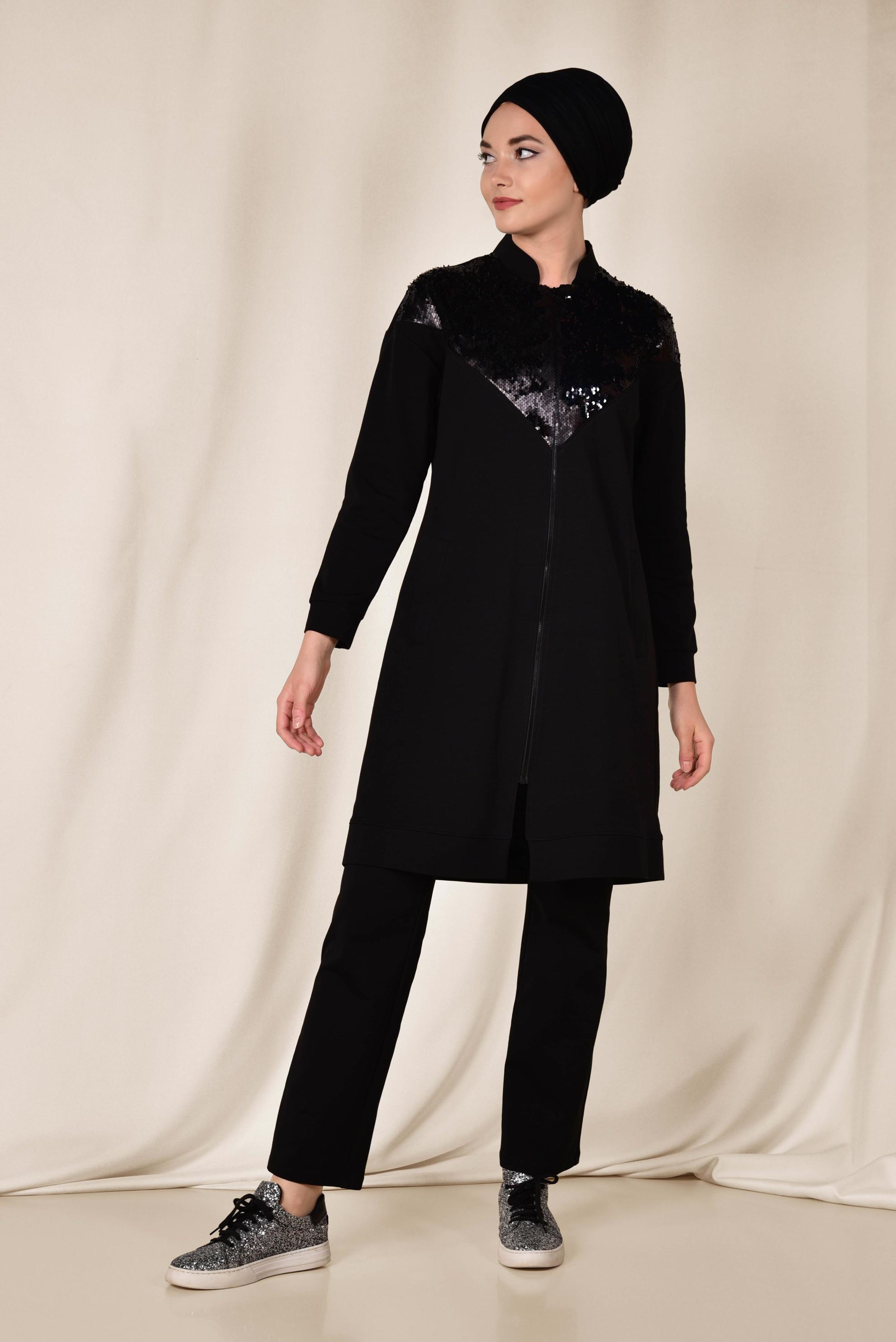 Tesettür giyim SİYAH PUL PAYET DETAYLI PAMUKLU PANTOLONLU TAKIM 4071