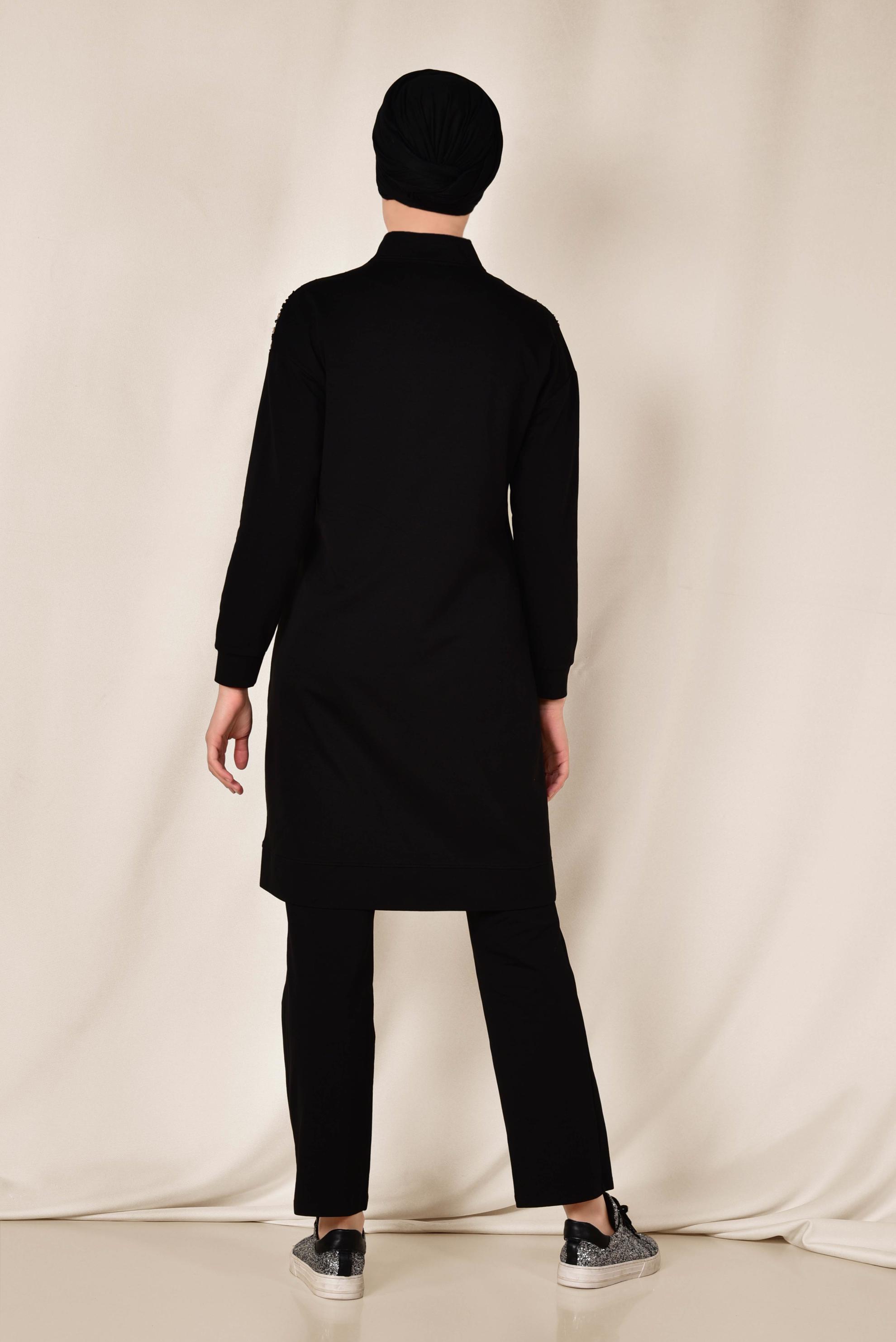 Tesettür giyim SİYAH PUL PAYET DETAYLI PAMUKLU PANTOLONLU TAKIM 4071