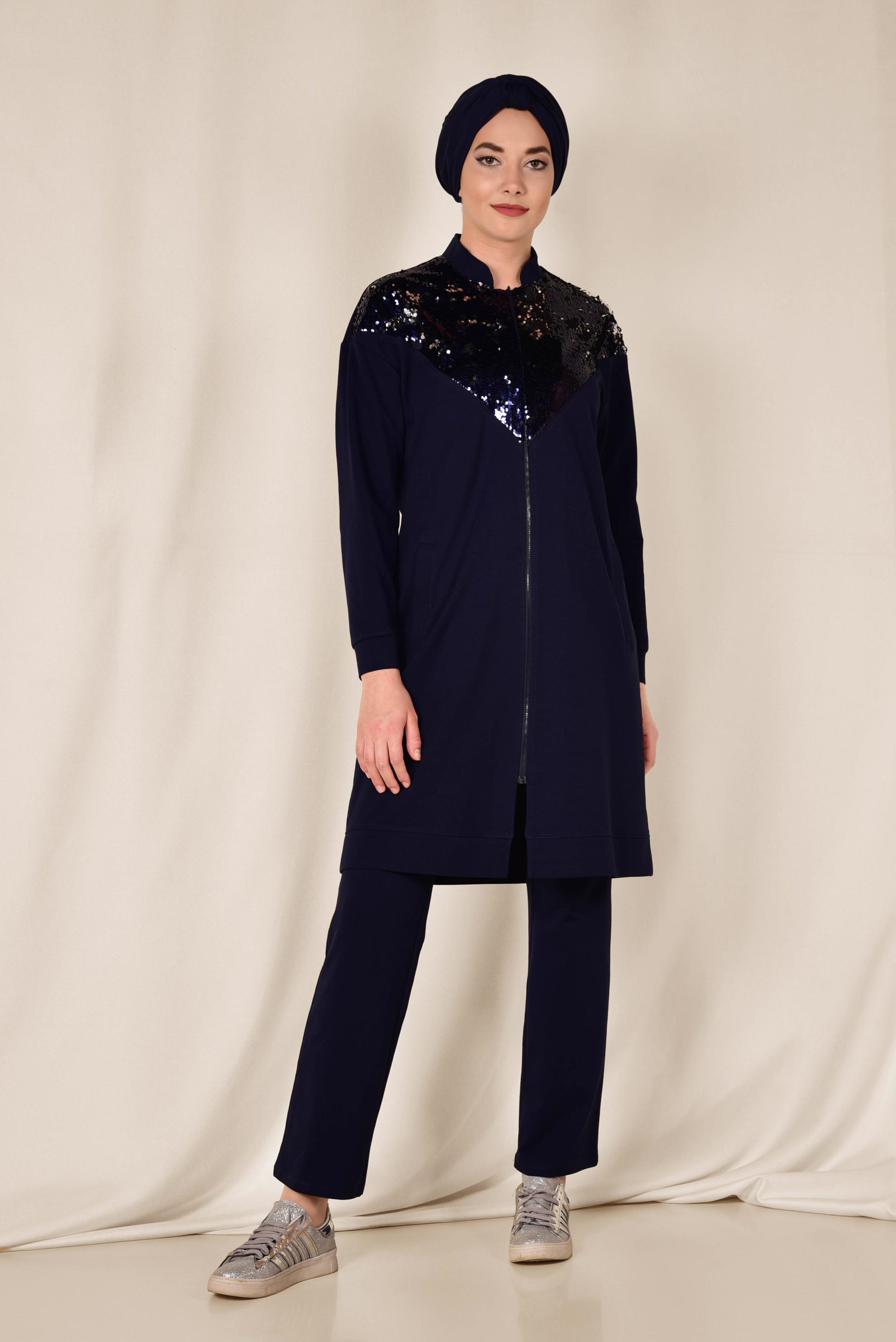 Tesettür giyim LACİVERT PUL PAYET DETAYLI PAMUKLU PANTOLONLU TAKIM 4071