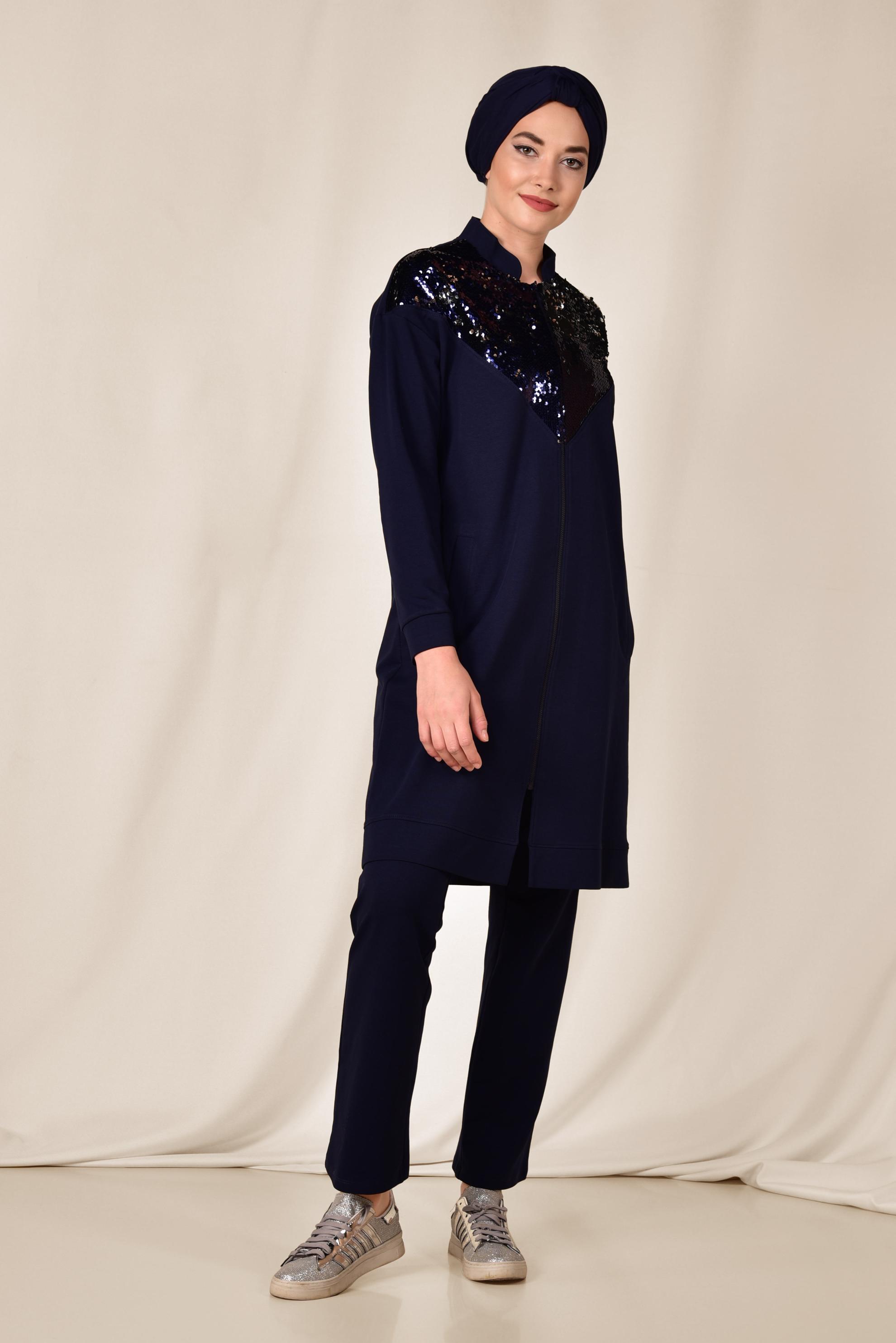 Tesettür giyim LACİVERT PUL PAYET DETAYLI PAMUKLU PANTOLONLU TAKIM 4071