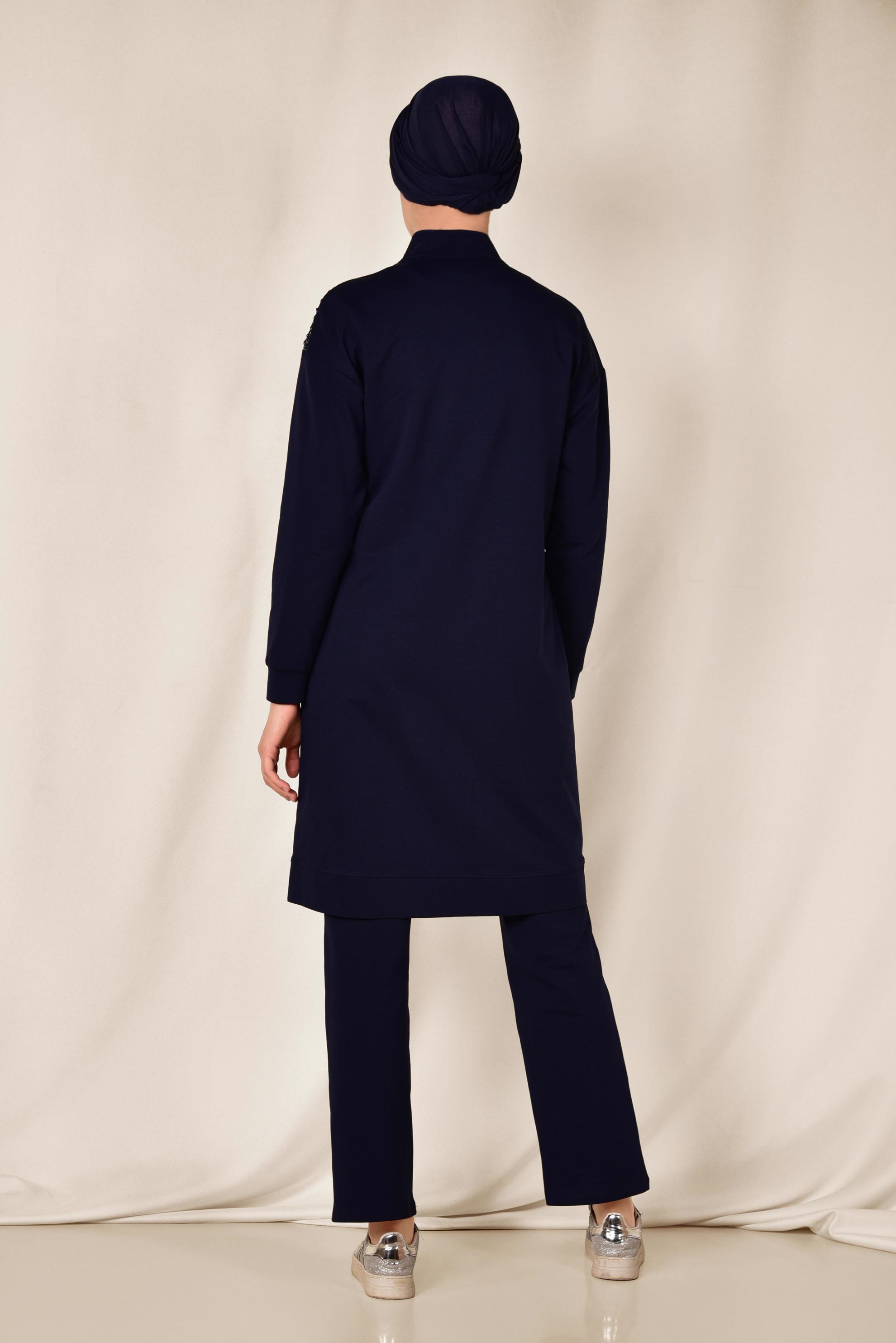 Tesettür giyim LACİVERT PUL PAYET DETAYLI PAMUKLU PANTOLONLU TAKIM 4071