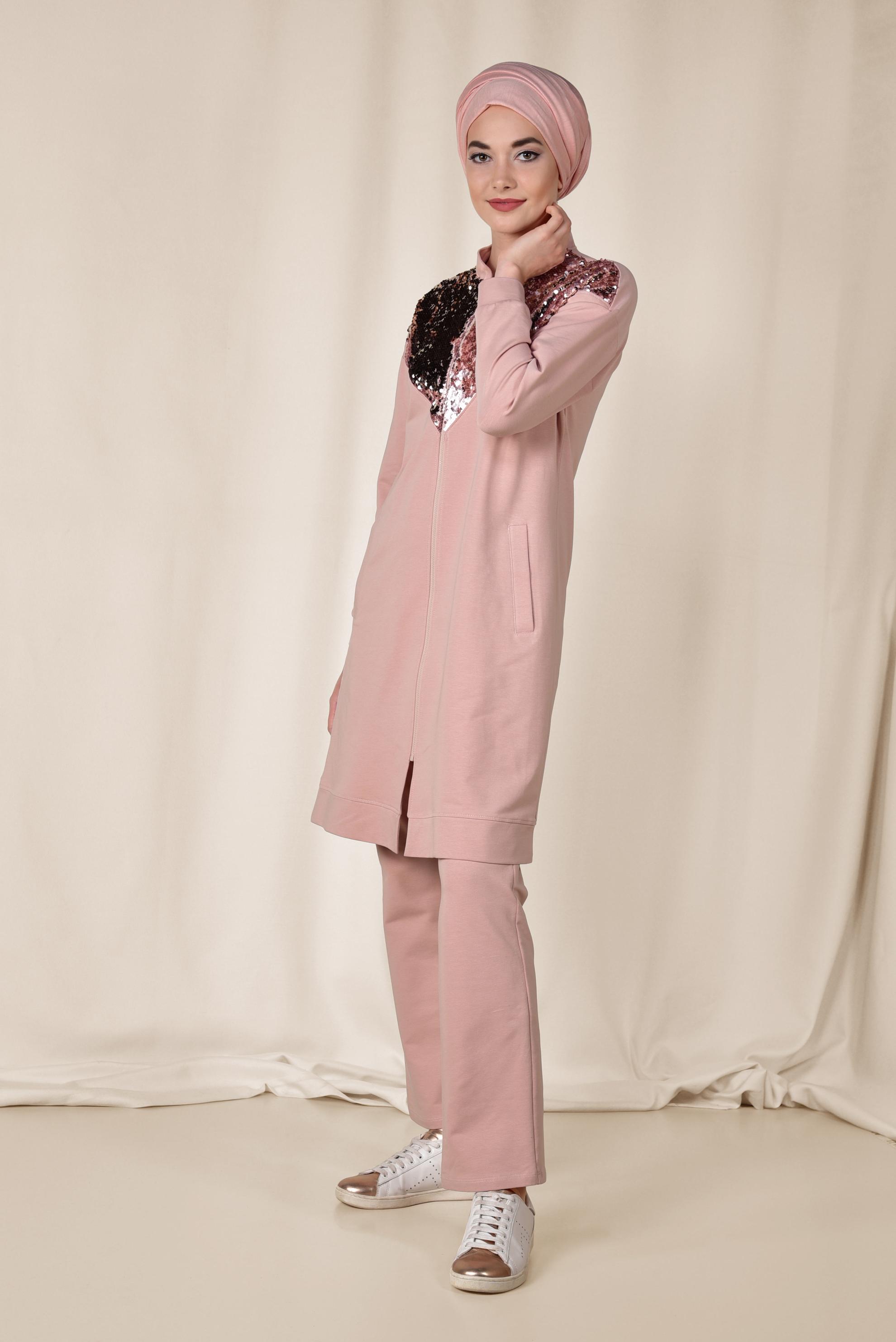 Tesettür giyim PUDRA PUL PAYET DETAYLI PAMUKLU PANTOLONLU TAKIM 4071