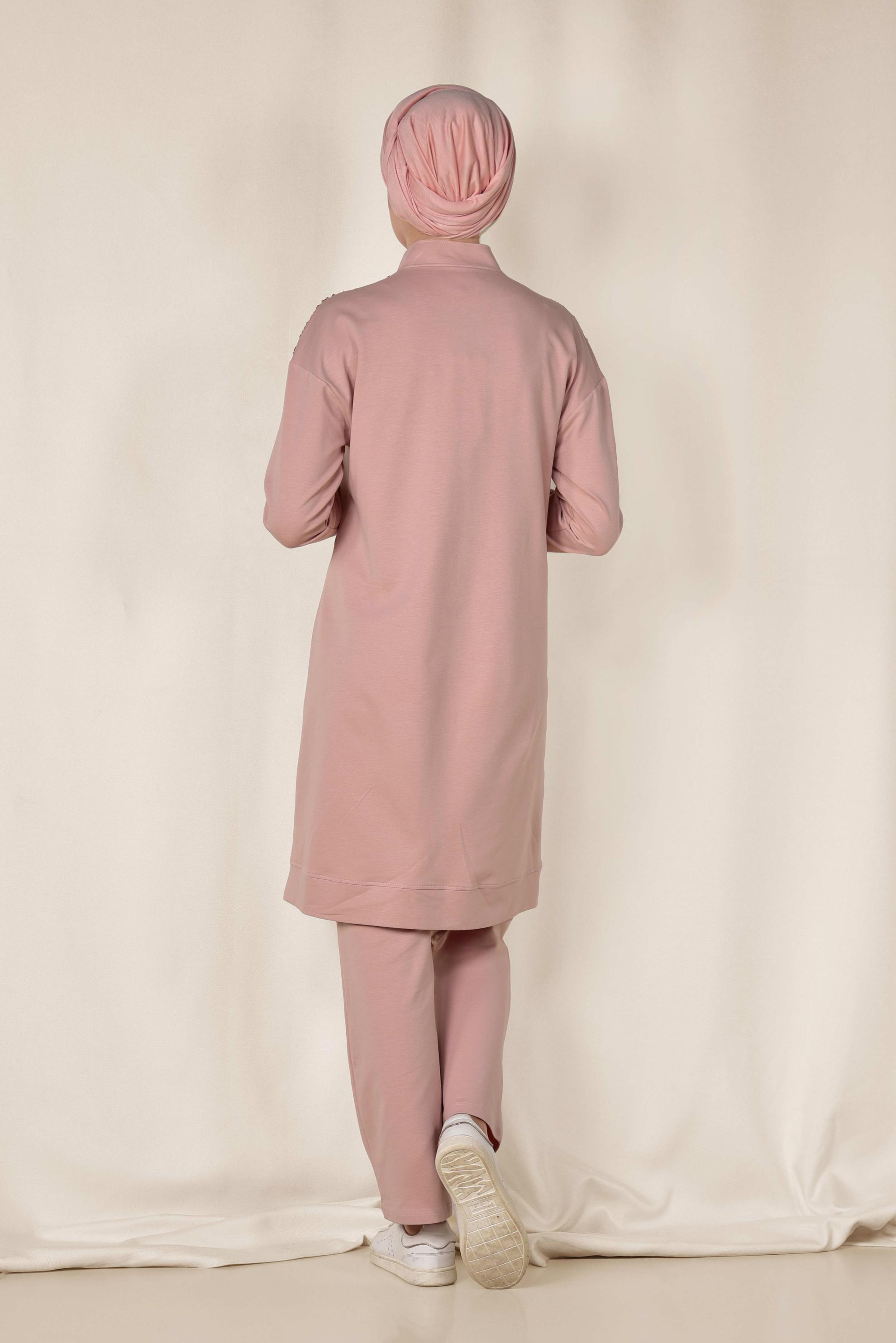 Tesettür giyim PUDRA PUL PAYET DETAYLI PAMUKLU PANTOLONLU TAKIM 4071