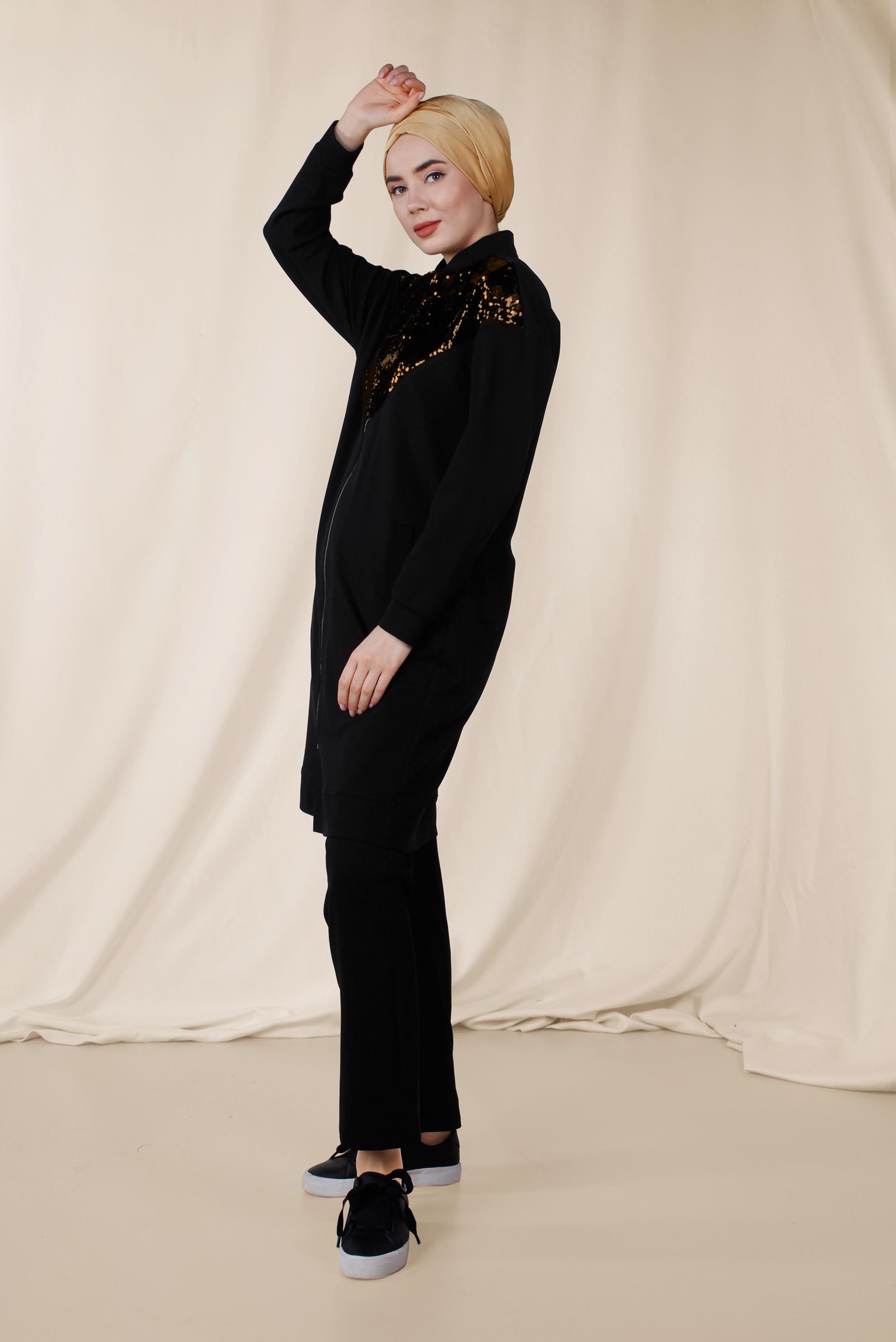 Tesettür giyim SİYAH PUL PAYET DETAYLI PAMUKLU PANTOLONLU TAKIM 4071