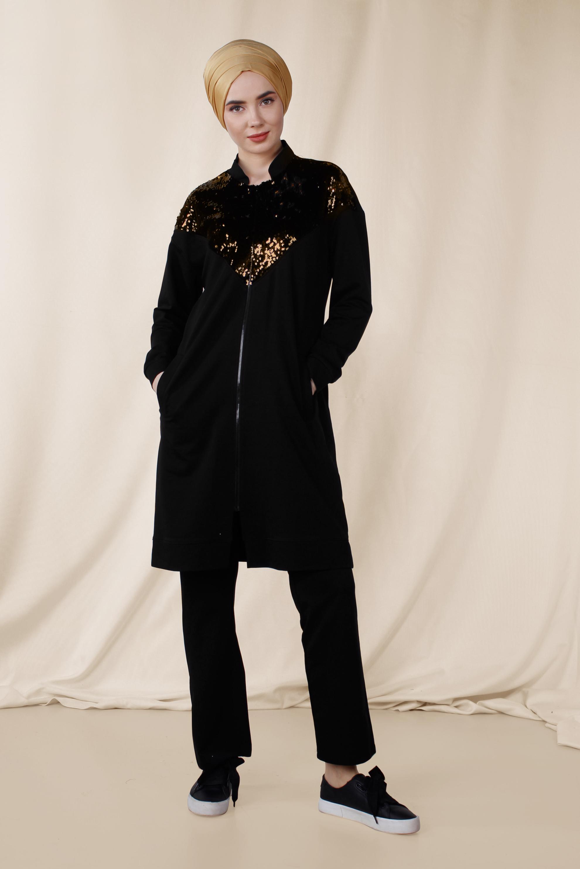 Tesettür giyim SİYAH PUL PAYET DETAYLI PAMUKLU PANTOLONLU TAKIM 4071