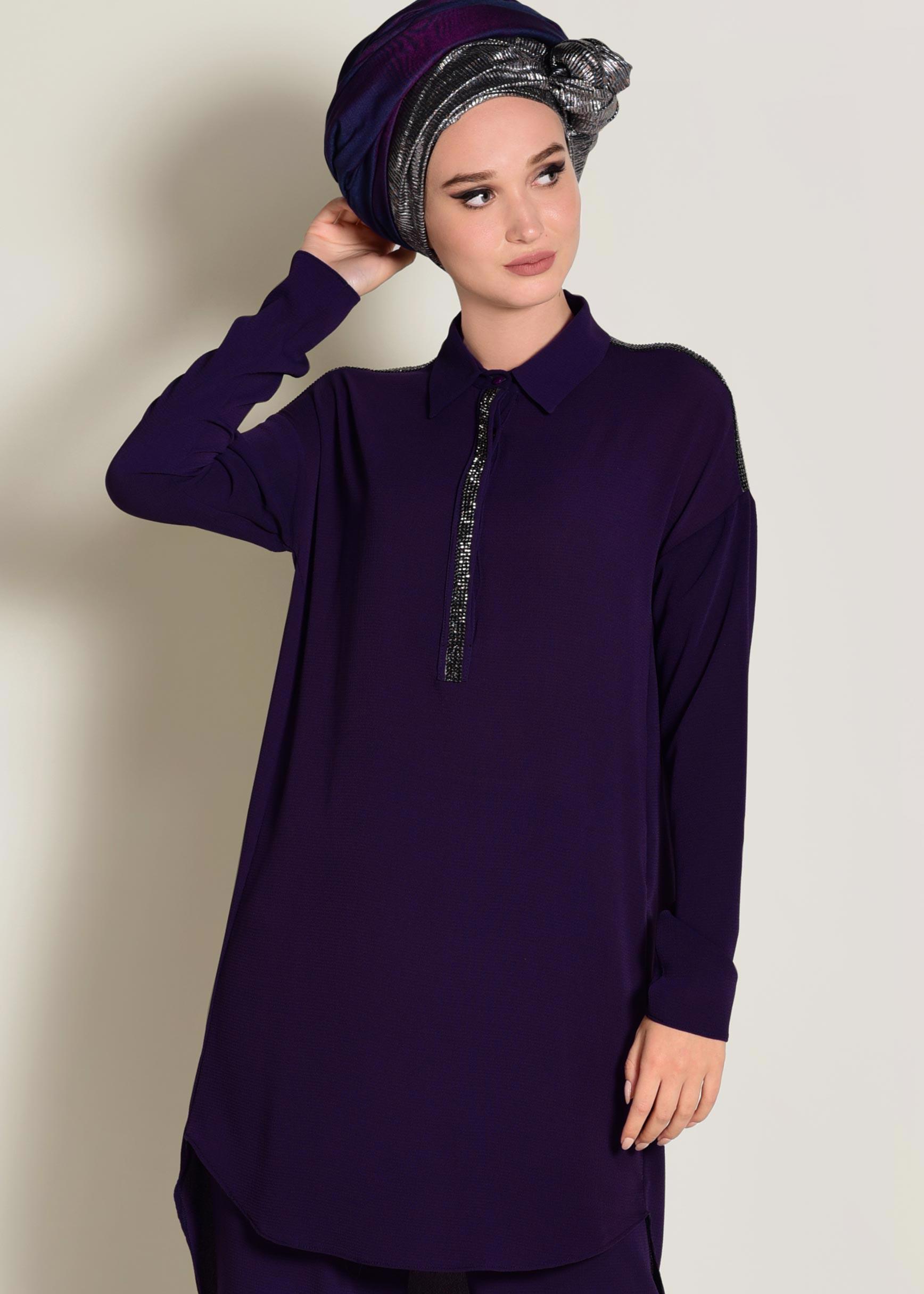 Tesettür giyim MOR TAŞ İŞLEMELİ 2&prime;Lİ PANTOLONLU TAKIM 4253