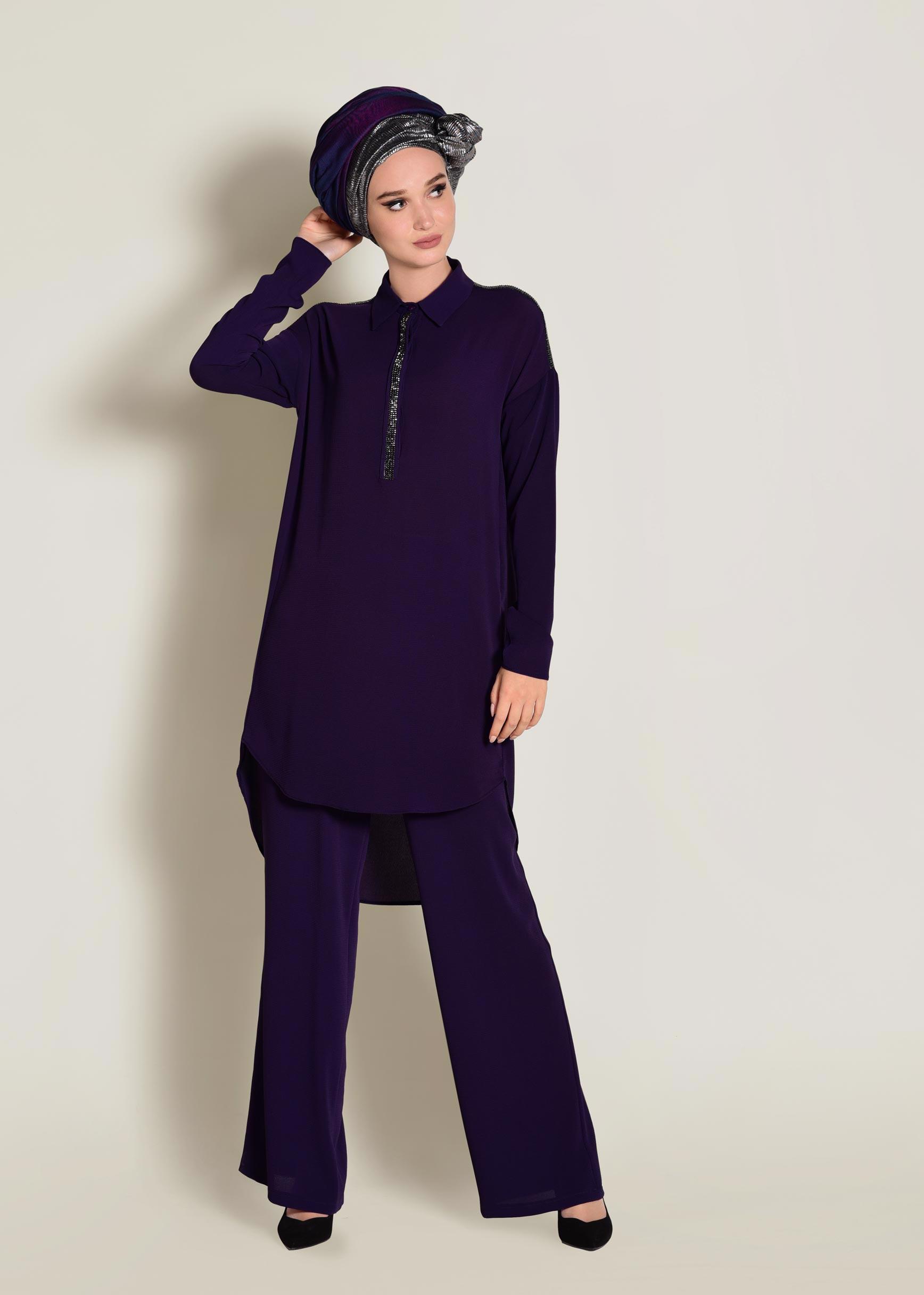 Tesettür giyim MOR TAŞ İŞLEMELİ 2&prime;Lİ PANTOLONLU TAKIM 4253